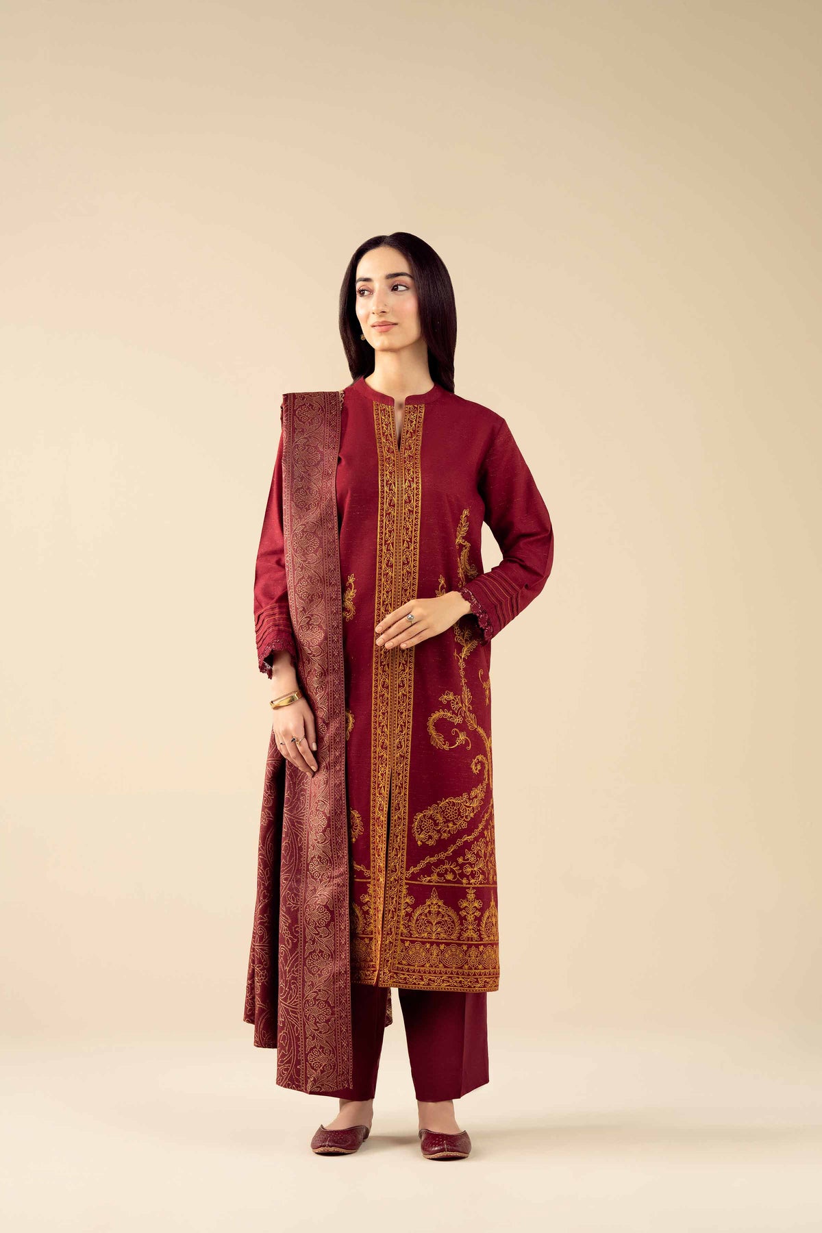 3 Piece - Embroidered Suit - PW25-458 Red Slub 3PC Embroidered Nishat Australia