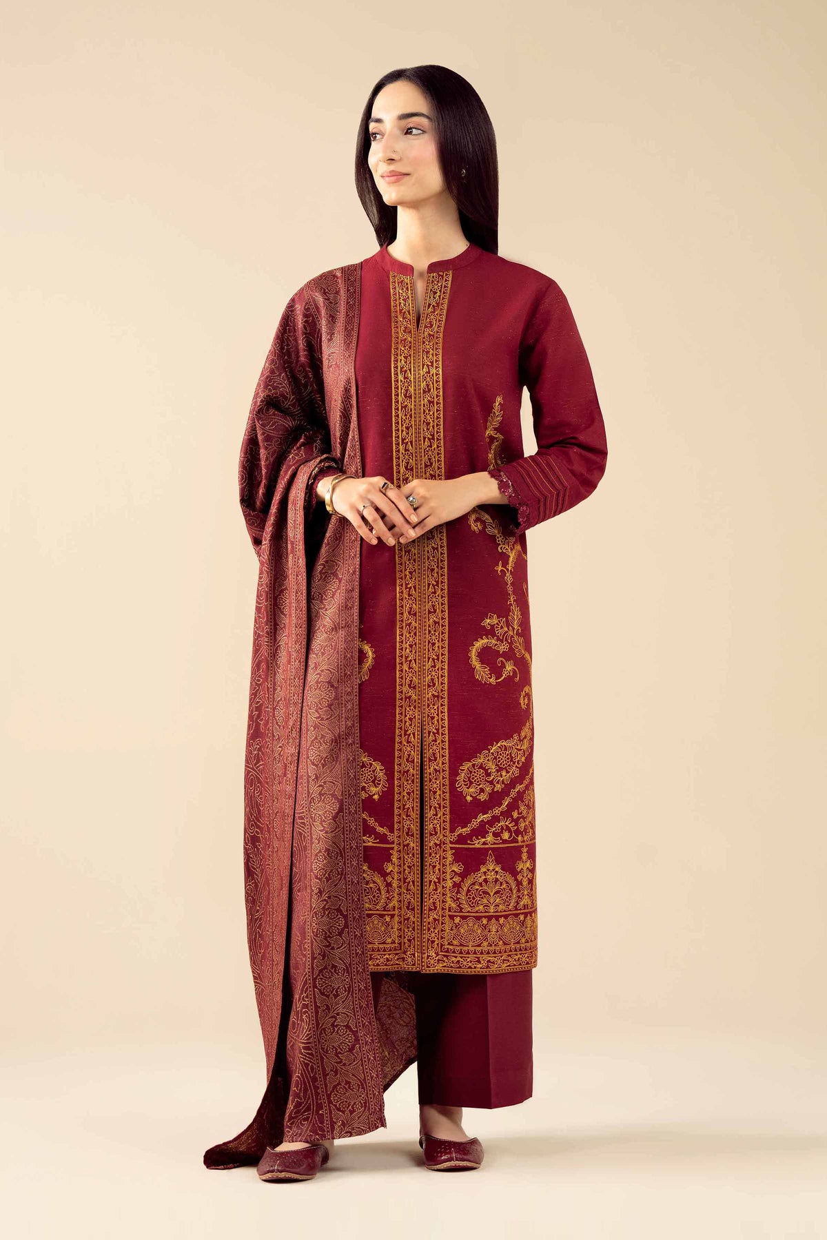 3 Piece - Embroidered Suit - PW25-458 Red Slub 3PC Embroidered Nishat Australia