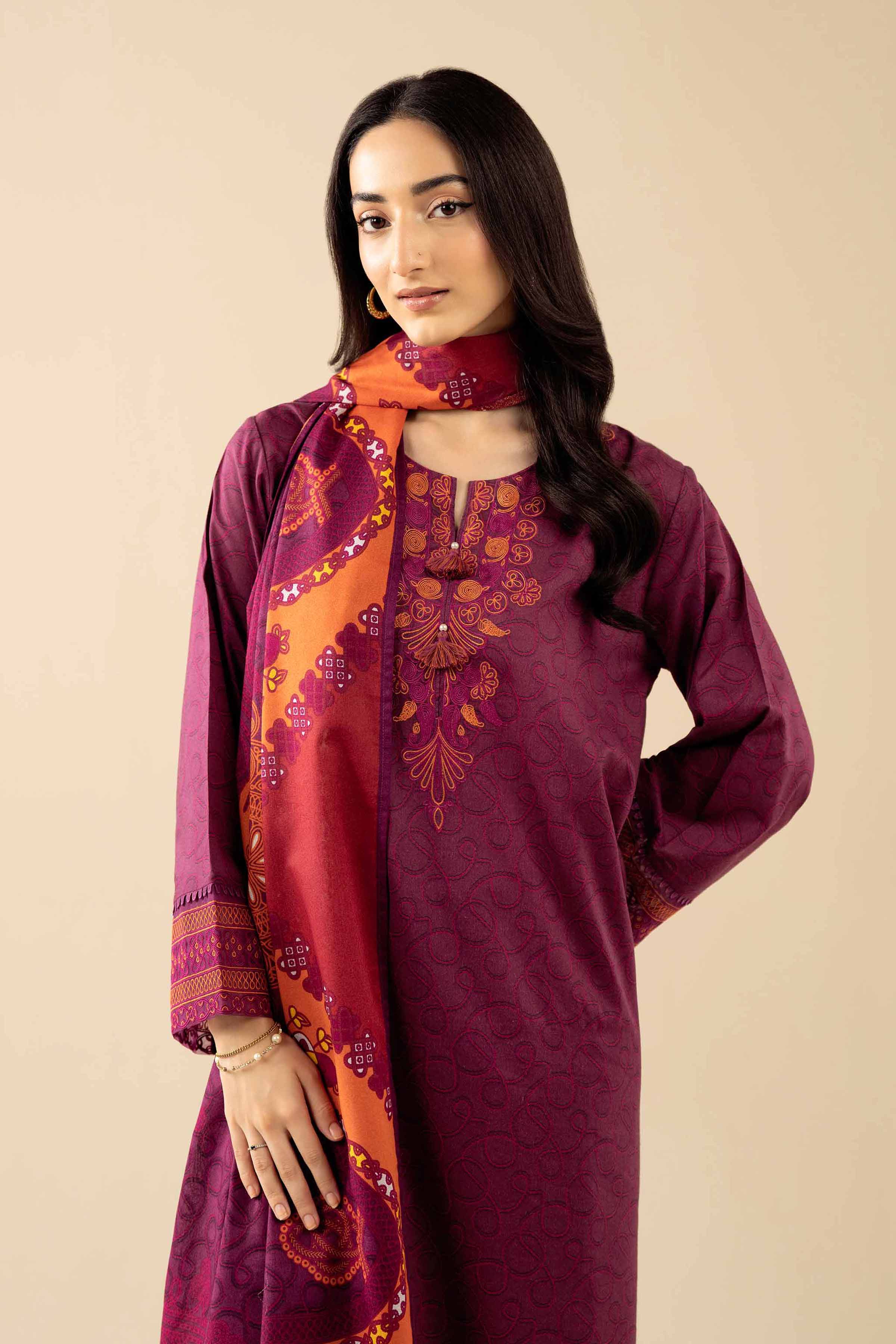 3 Piece - Printed Embroidered Suit - PW25-464 READY TO WEAR Purple Tropical 3PC Embroidered