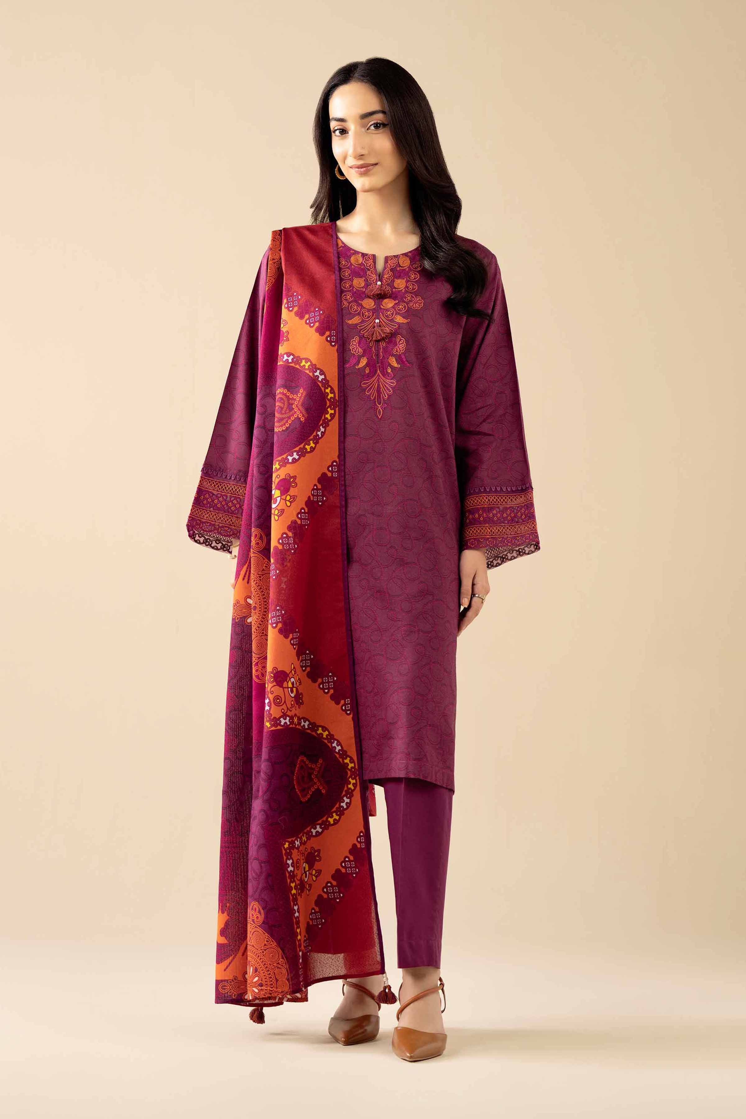 3 Piece - Printed Embroidered Suit - PW25-464 READY TO WEAR Purple Tropical 3PC Embroidered