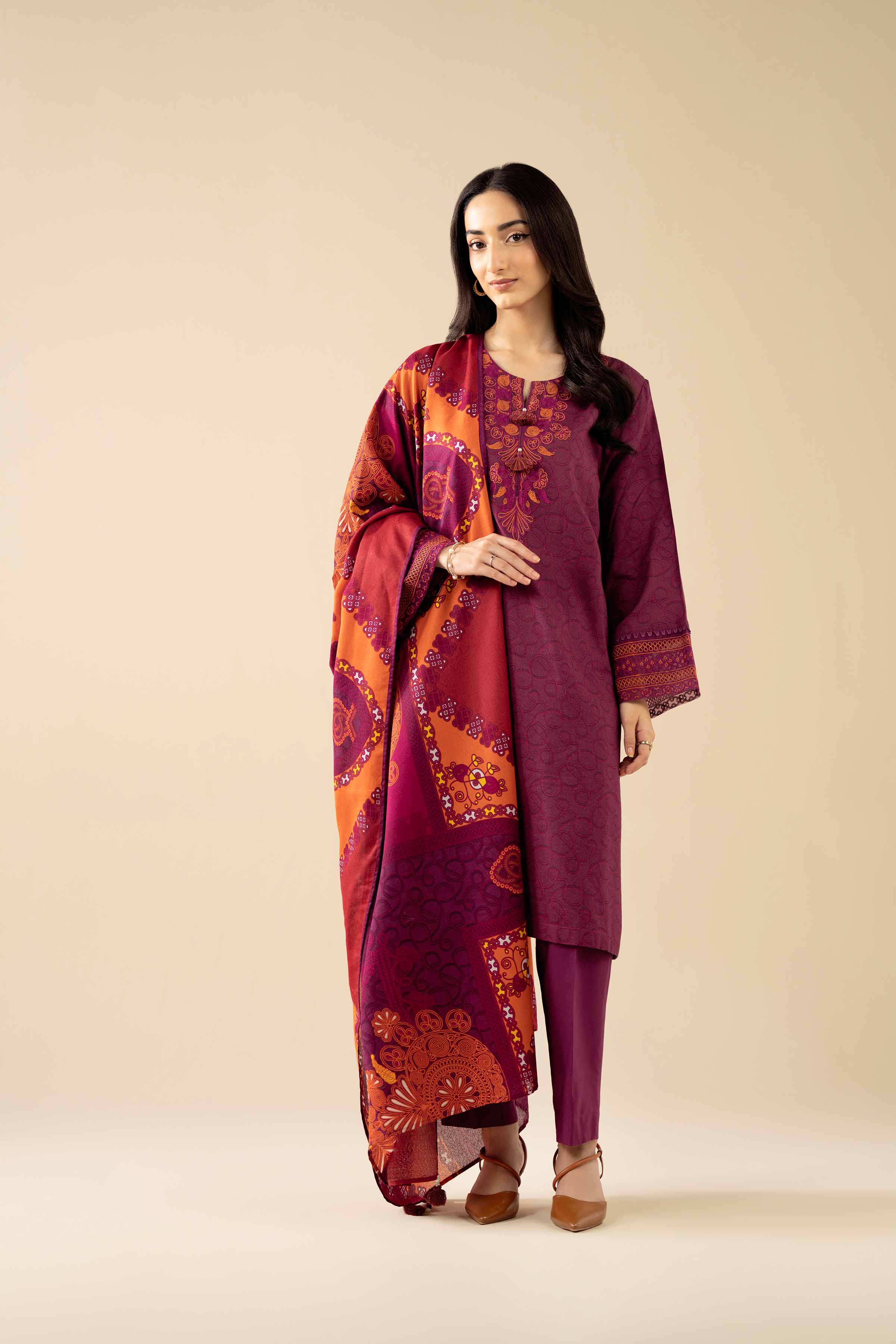 3 Piece - Printed Embroidered Suit - PW25-464 READY TO WEAR Purple Tropical 3PC Embroidered
