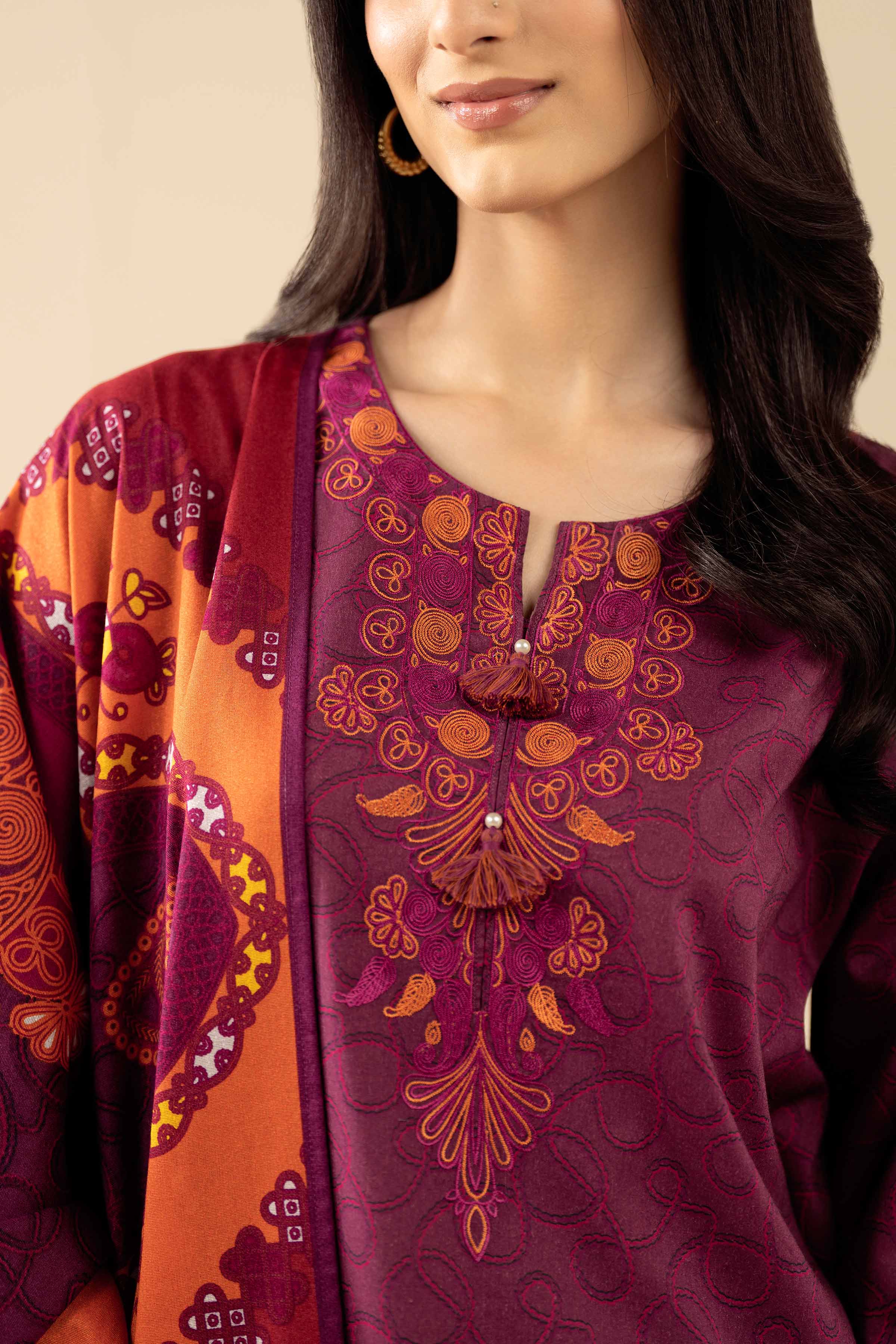 3 Piece - Printed Embroidered Suit - PW25-464 READY TO WEAR Purple Tropical 3PC Embroidered
