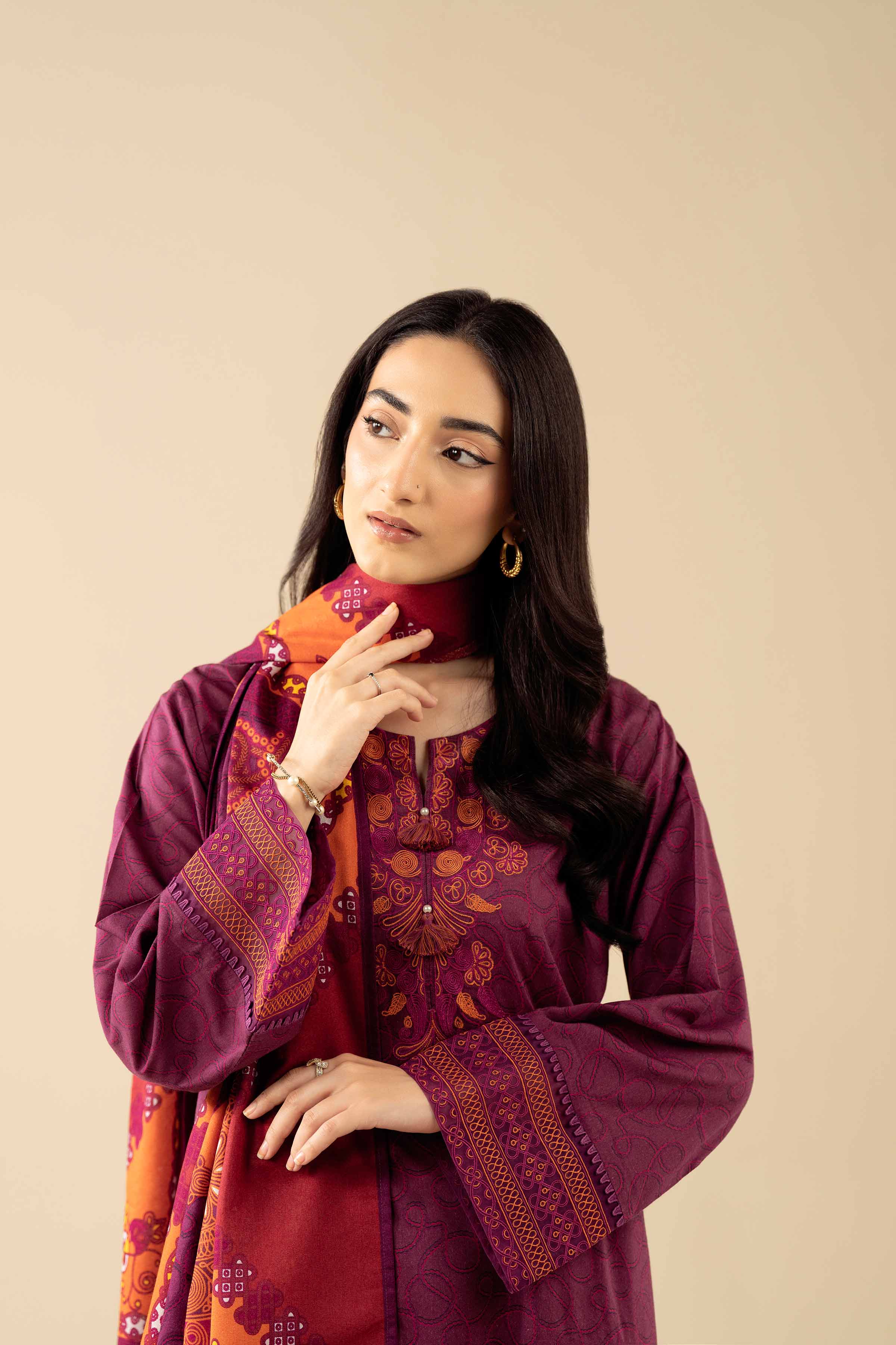 3 Piece - Printed Embroidered Suit - PW25-464 READY TO WEAR Purple Tropical 3PC Embroidered