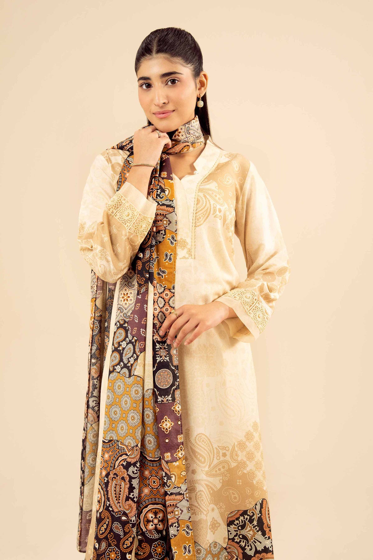3 Piece - Printed Suit - PW25-466 Beige Wool 3PC Printed Nishat Australia