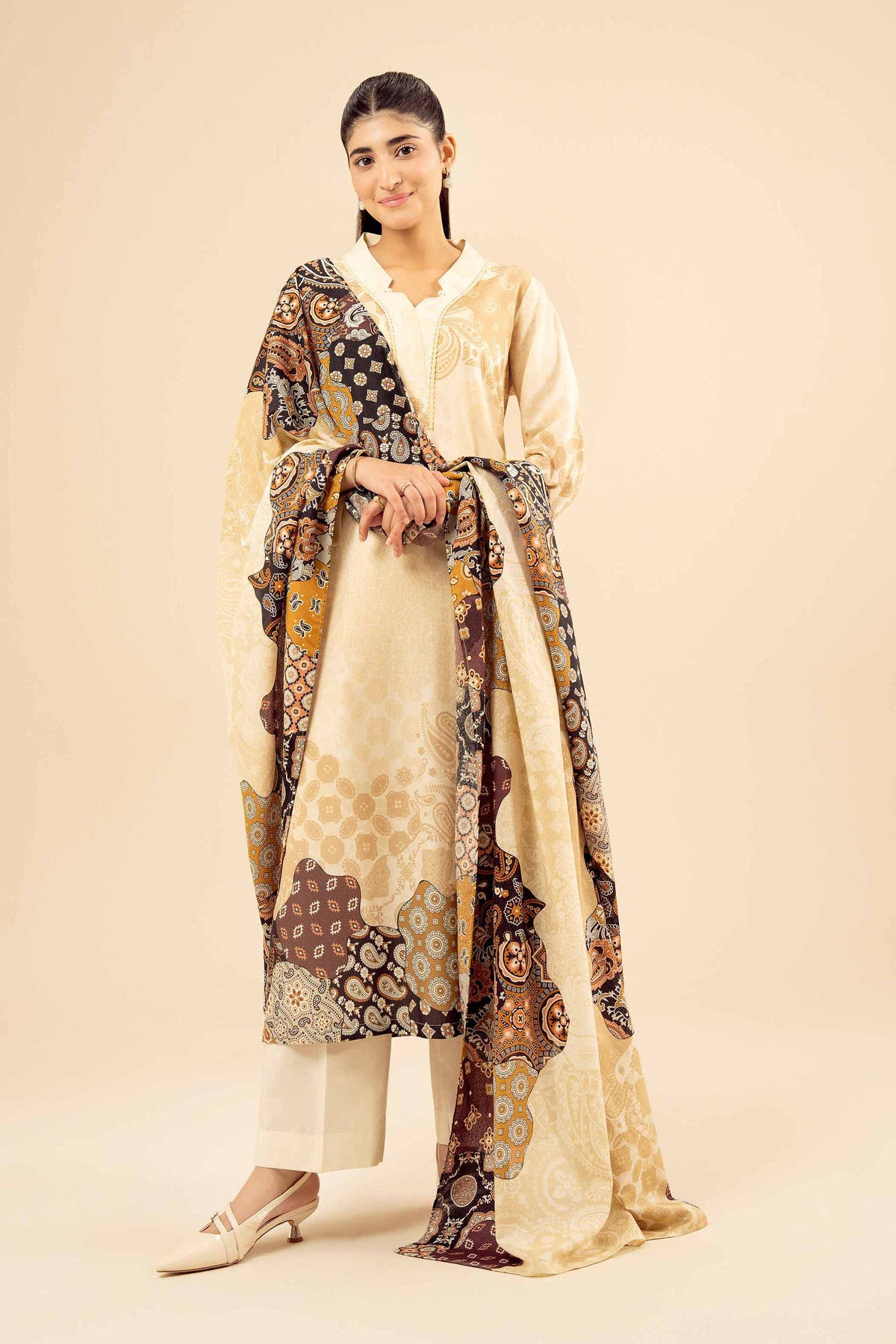 3 Piece - Printed Suit - PW25-466 Beige Wool 3PC Printed Nishat Australia