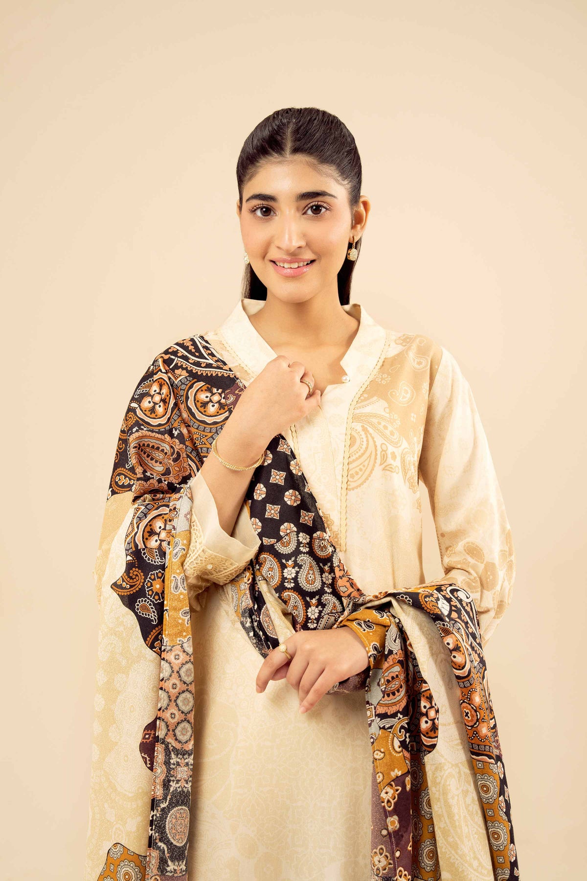 3 Piece - Printed Suit - PW25-466 Beige Wool 3PC Printed Nishat Australia