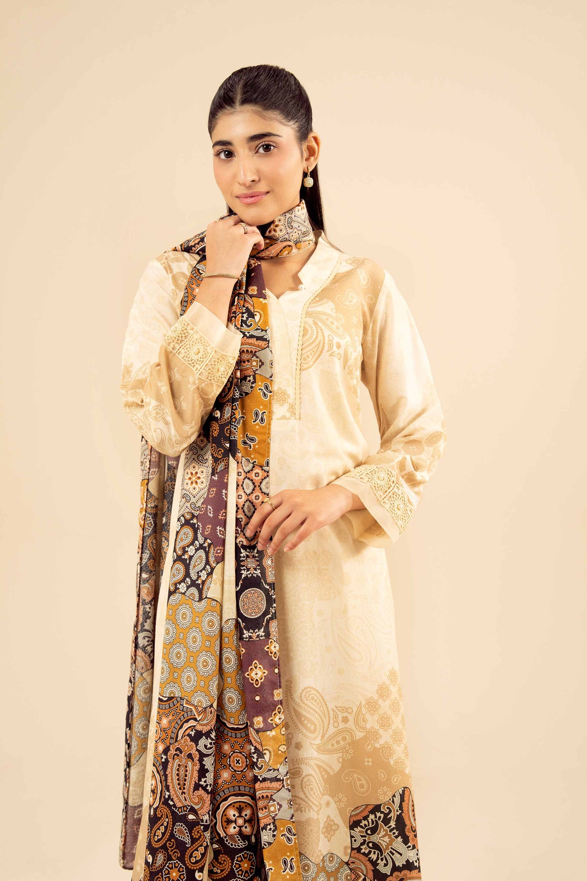 3 Piece - Printed Suit - PW25-466 Beige Wool 3PC Printed Nishat Australia