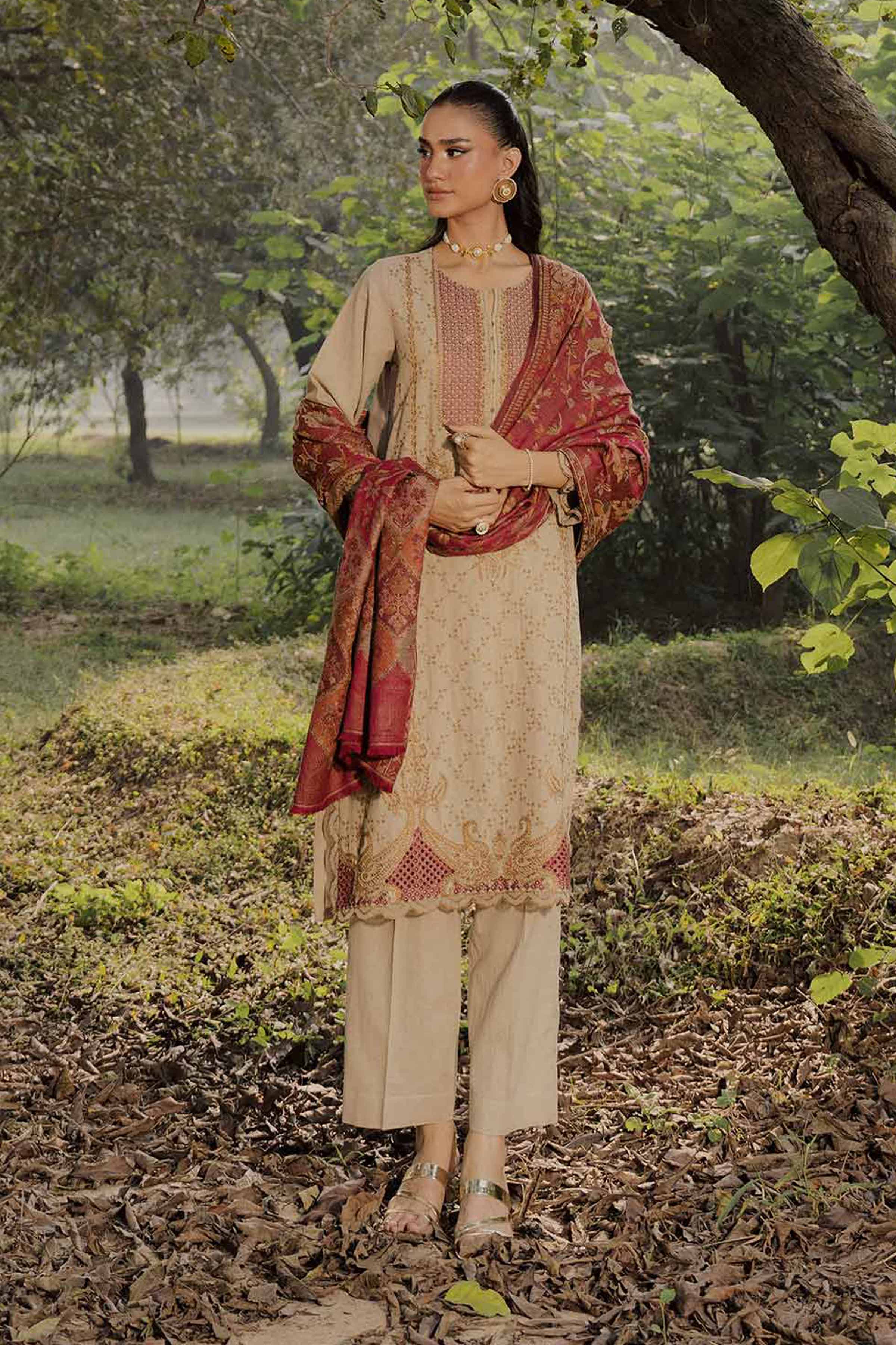 3 Piece - Embroidered Suit - PW25-480 READY TO WEAR Beige Linen 3PC Embroidered