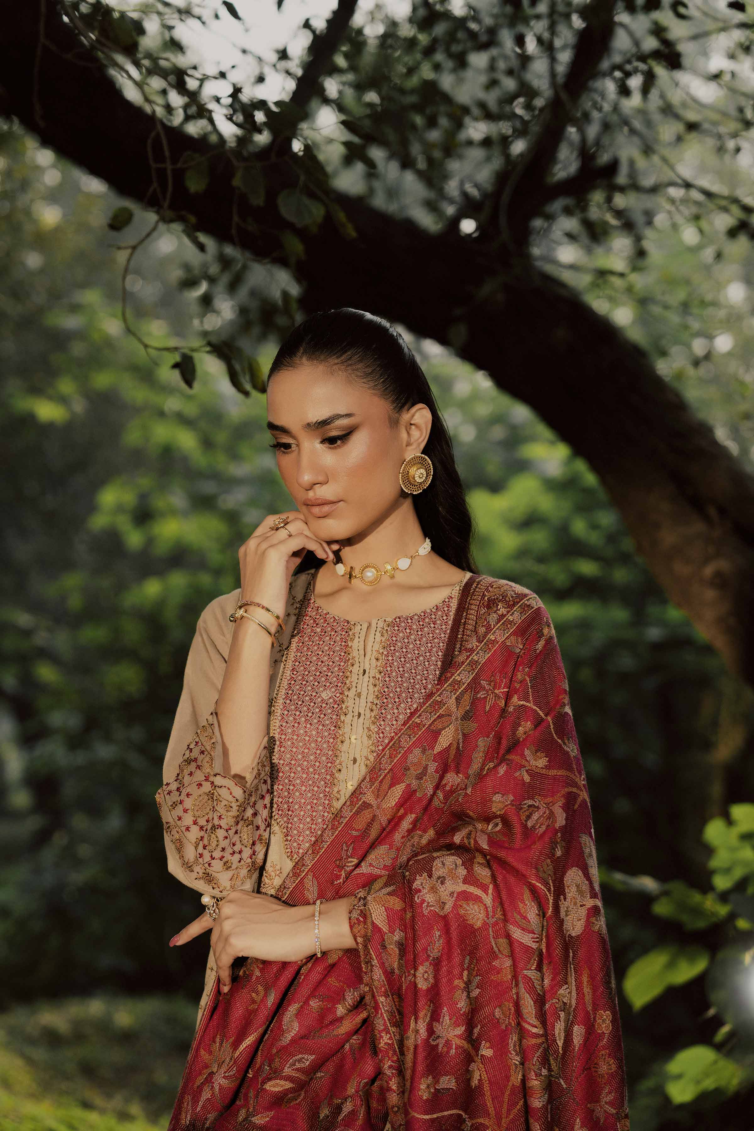 3 Piece - Embroidered Suit - PW25-480 READY TO WEAR Beige Linen 3PC Embroidered