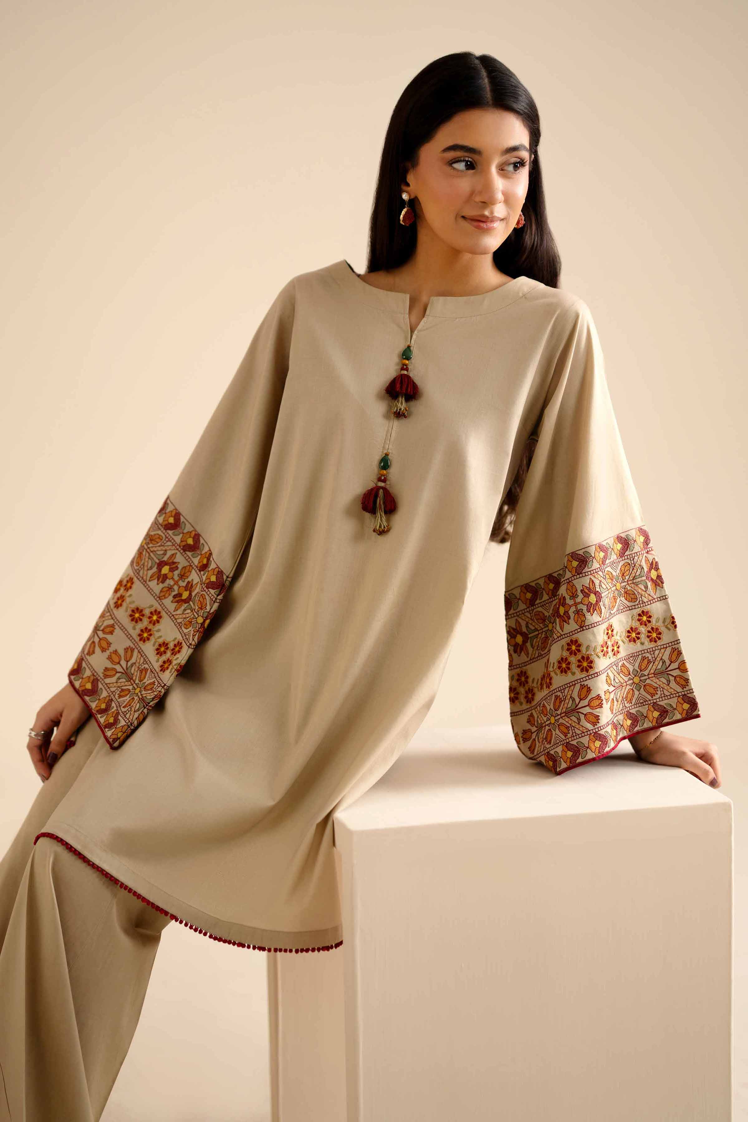 2 Piece - Embroidered Suit - PW25-52 READY TO WEAR Beige Cambric 2PC Embroidered