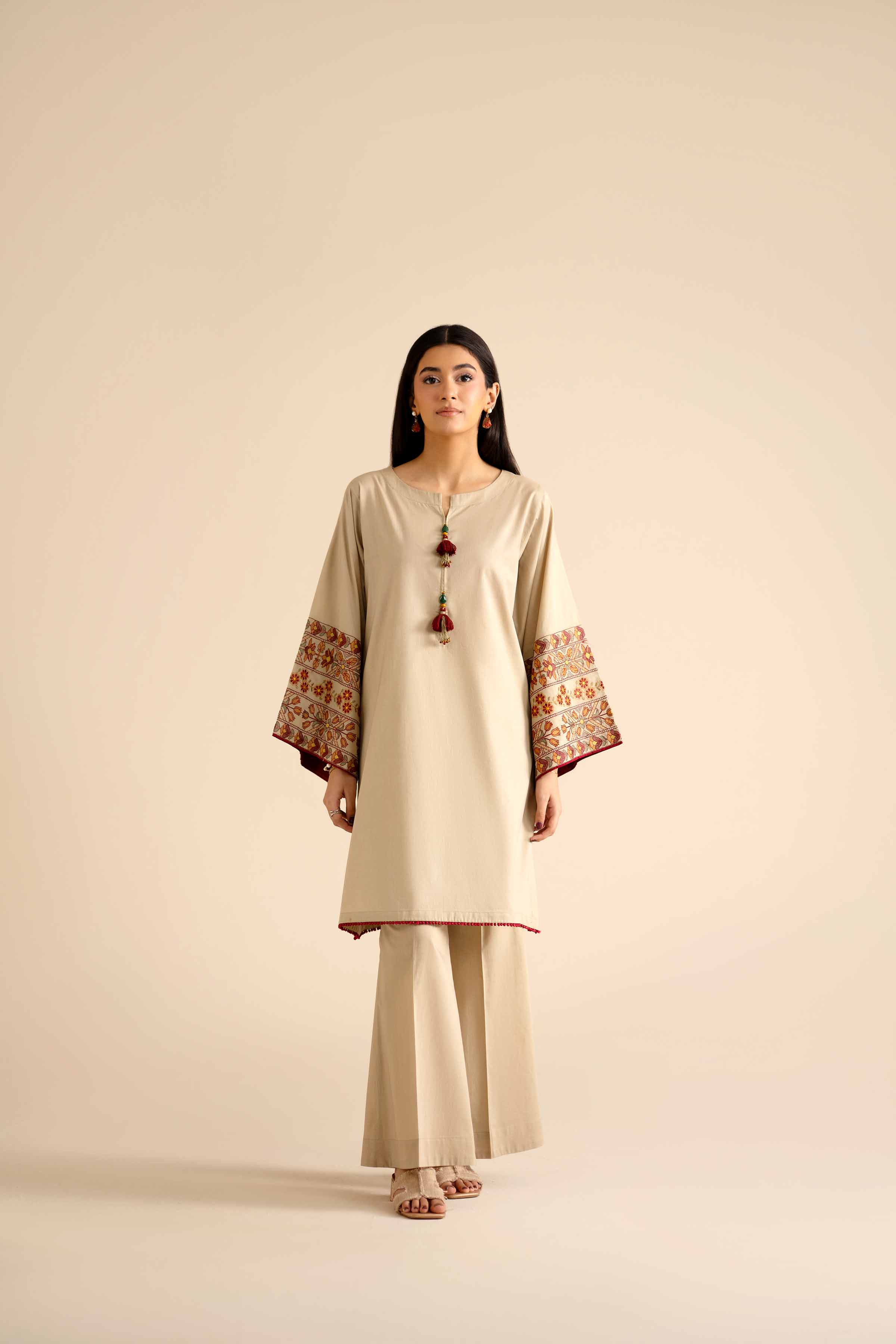 2 Piece - Embroidered Suit - PW25-52 READY TO WEAR Beige Cambric 2PC Embroidered