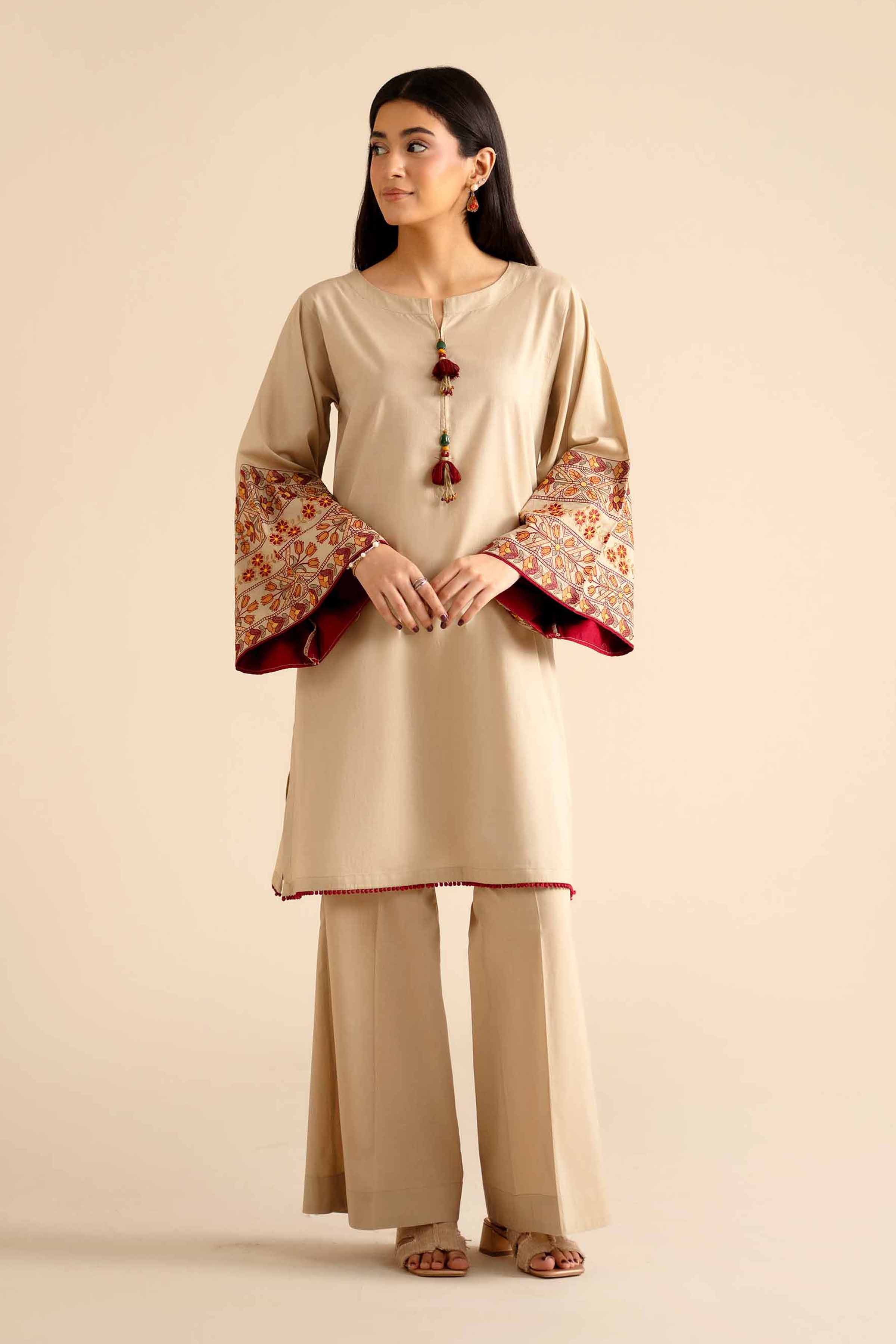 2 Piece - Embroidered Suit - PW25-52 READY TO WEAR Beige Cambric 2PC Embroidered