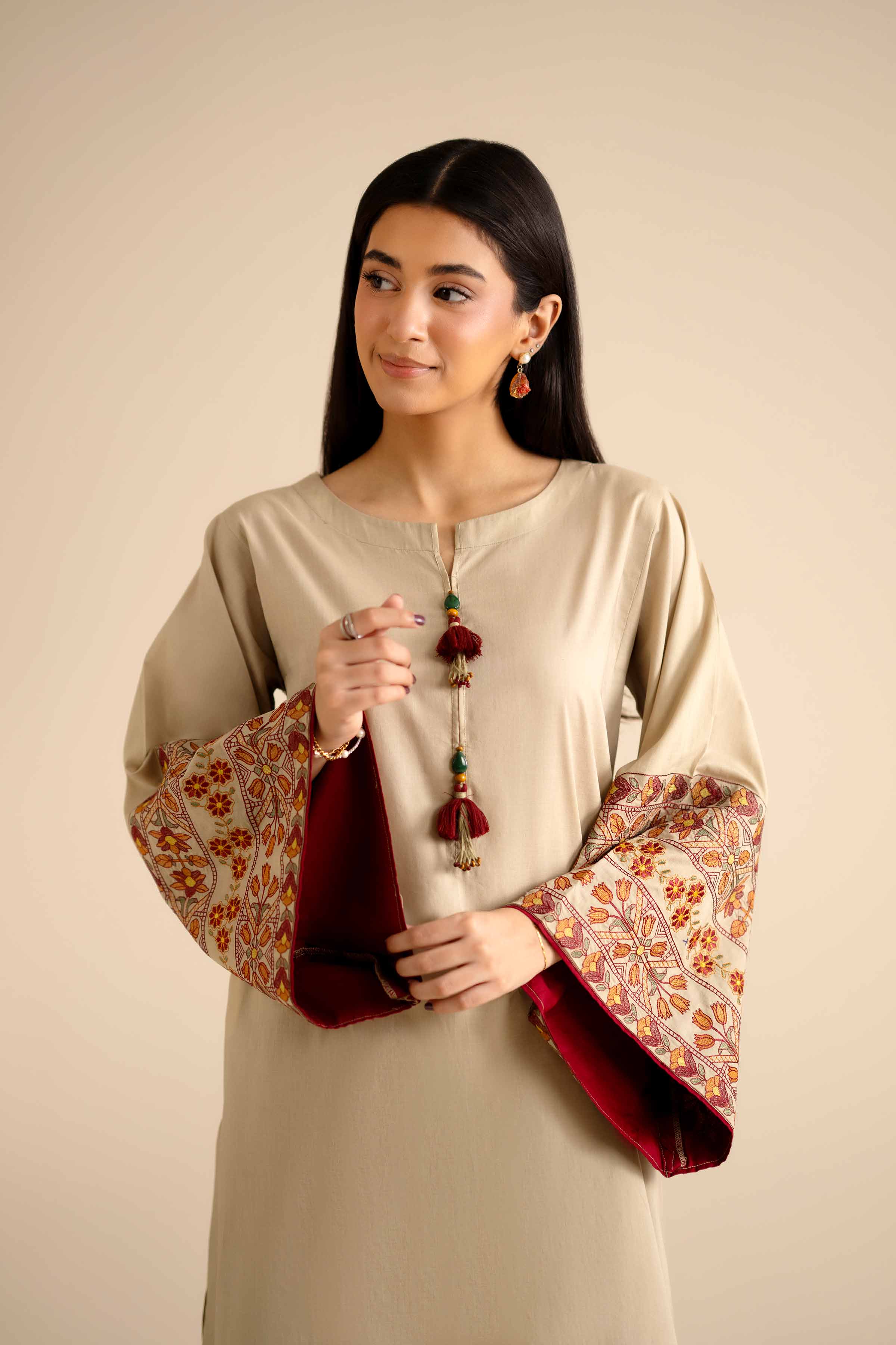 2 Piece - Embroidered Suit - PW25-52 READY TO WEAR Beige Cambric 2PC Embroidered