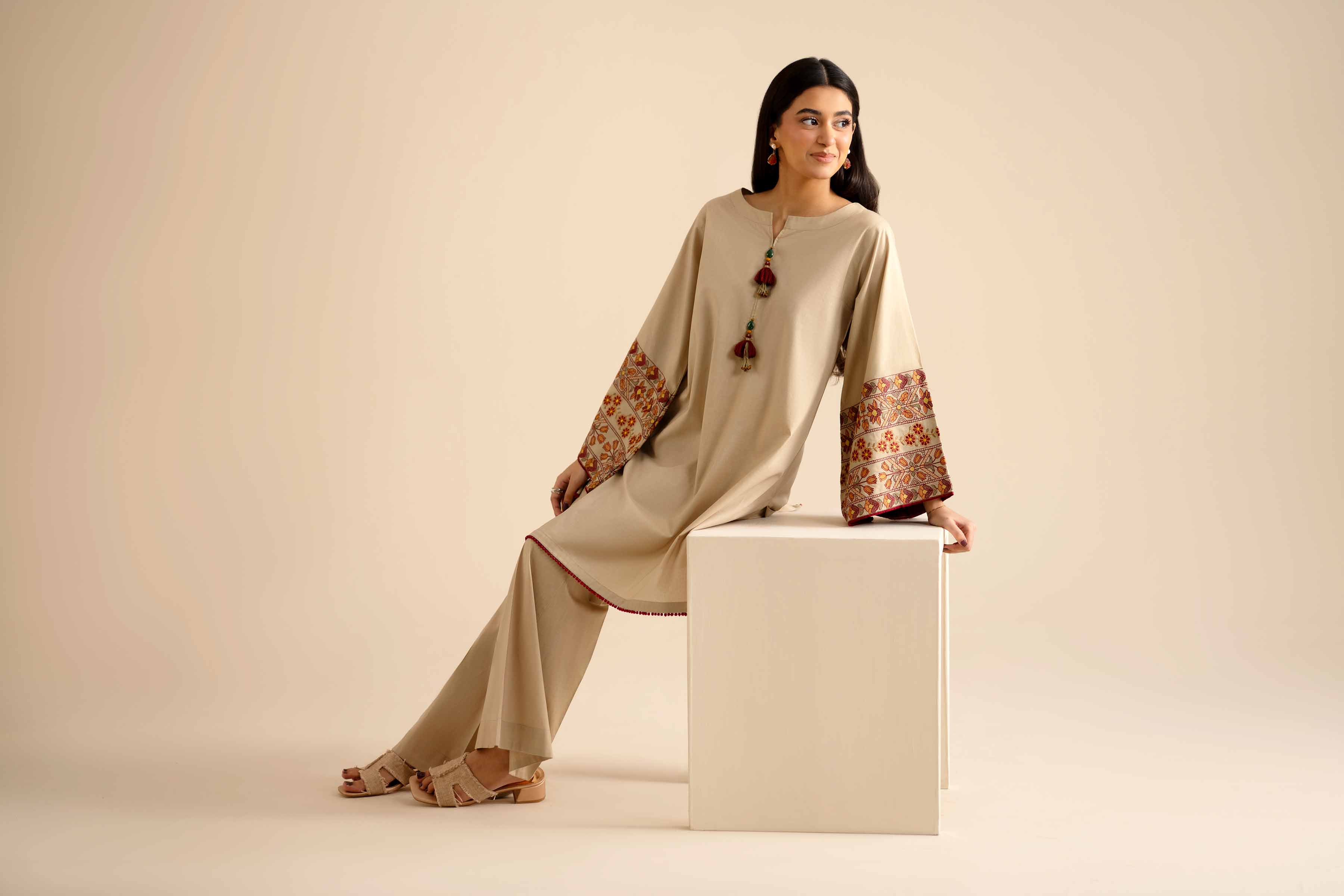 2 Piece - Embroidered Suit - PW25-52 READY TO WEAR Beige Cambric 2PC Embroidered