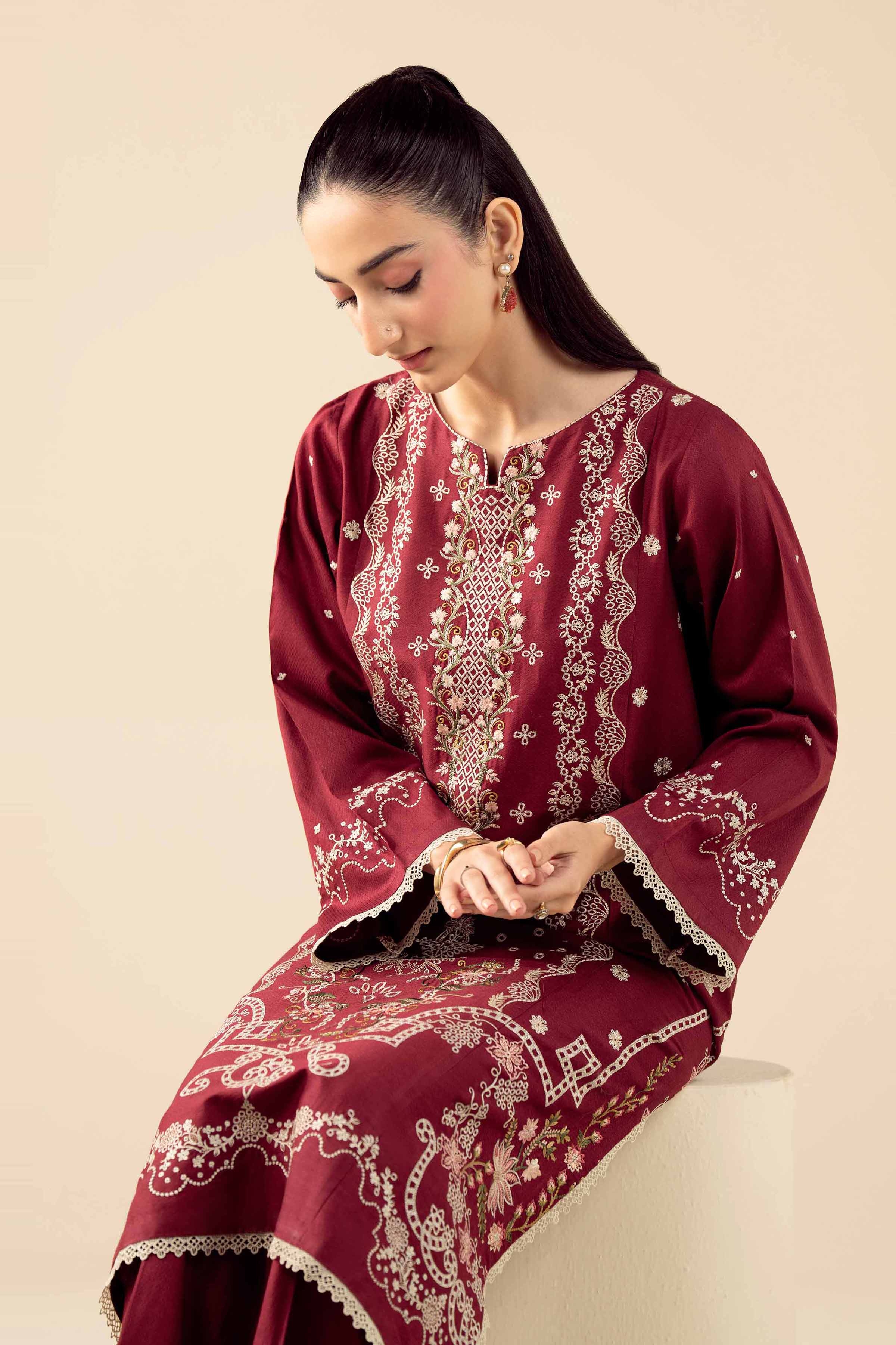 2 Piece - Embroidered Suit - PW25-530 READY TO WEAR Red Dobby 2PC Embroidered