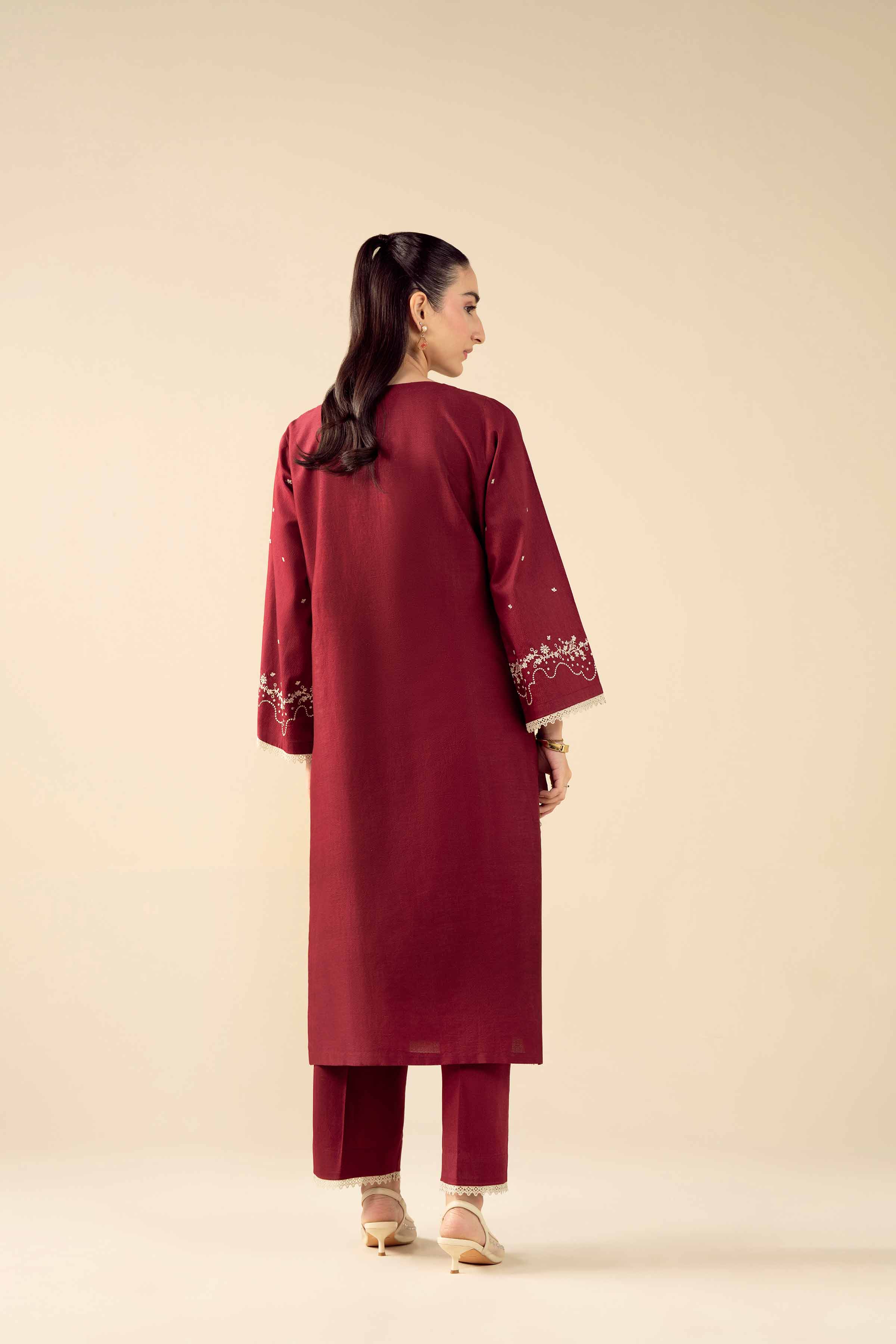 2 Piece - Embroidered Suit - PW25-530 READY TO WEAR Red Dobby 2PC Embroidered