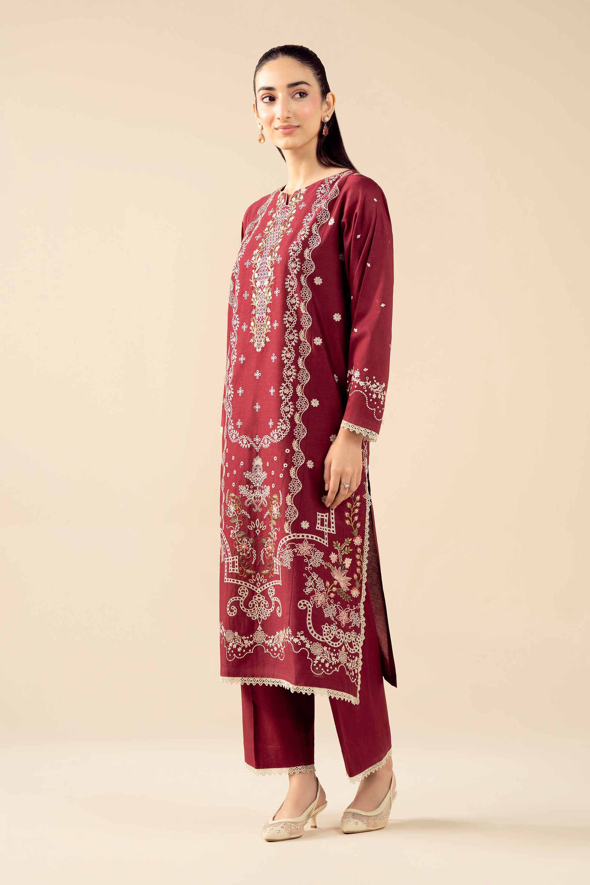 2 Piece - Embroidered Suit - PW25-530 READY TO WEAR Red Dobby 2PC Embroidered
