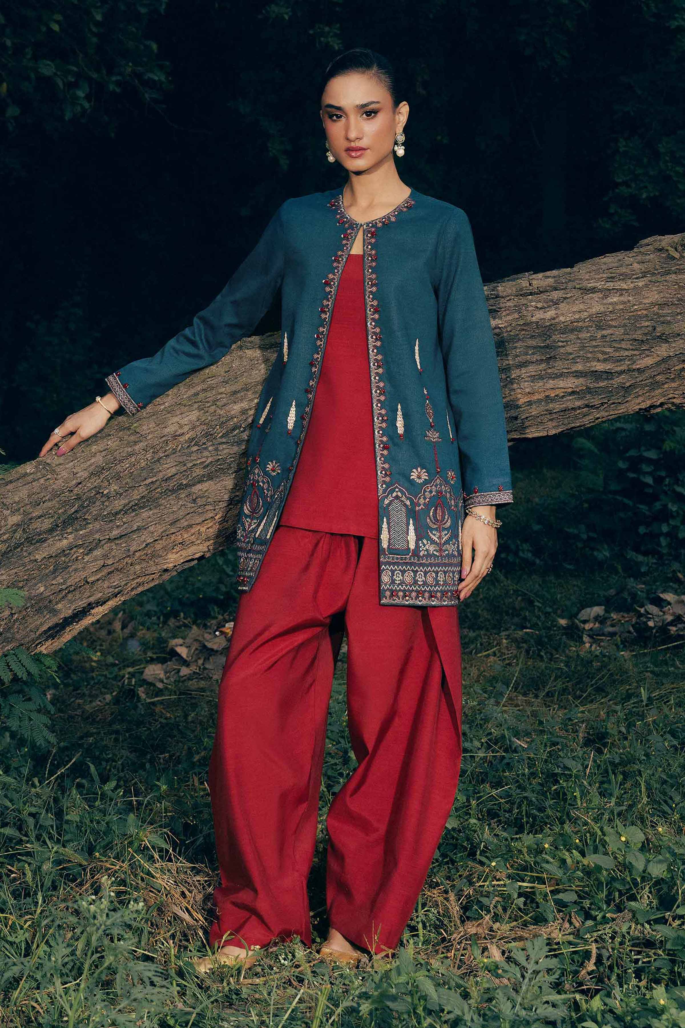 Embroidered Jacket - PW25-545 READY TO WEAR Blue Karandi 1PC Embroidered