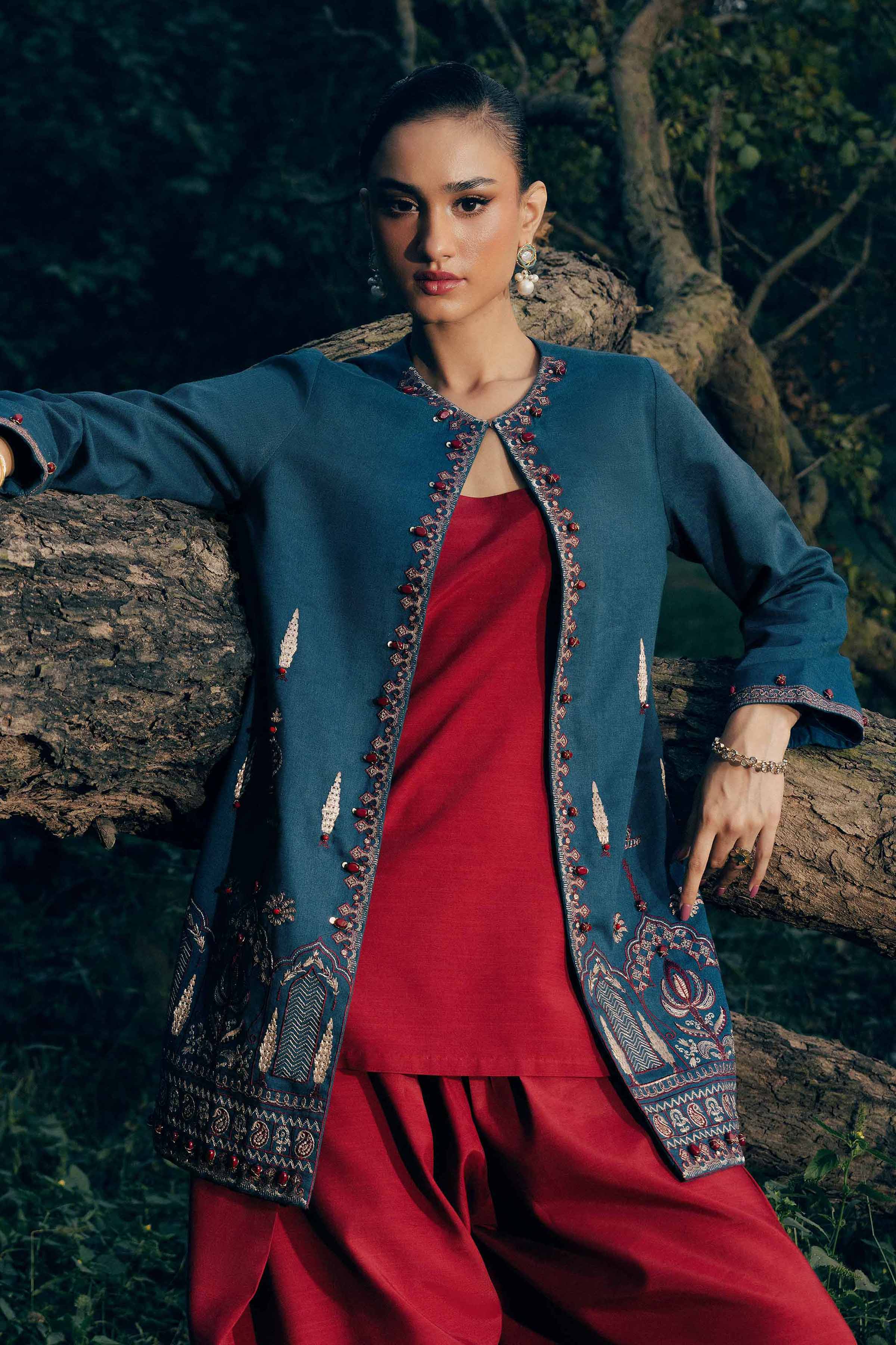Embroidered Jacket - PW25-545 READY TO WEAR Blue Karandi 1PC Embroidered