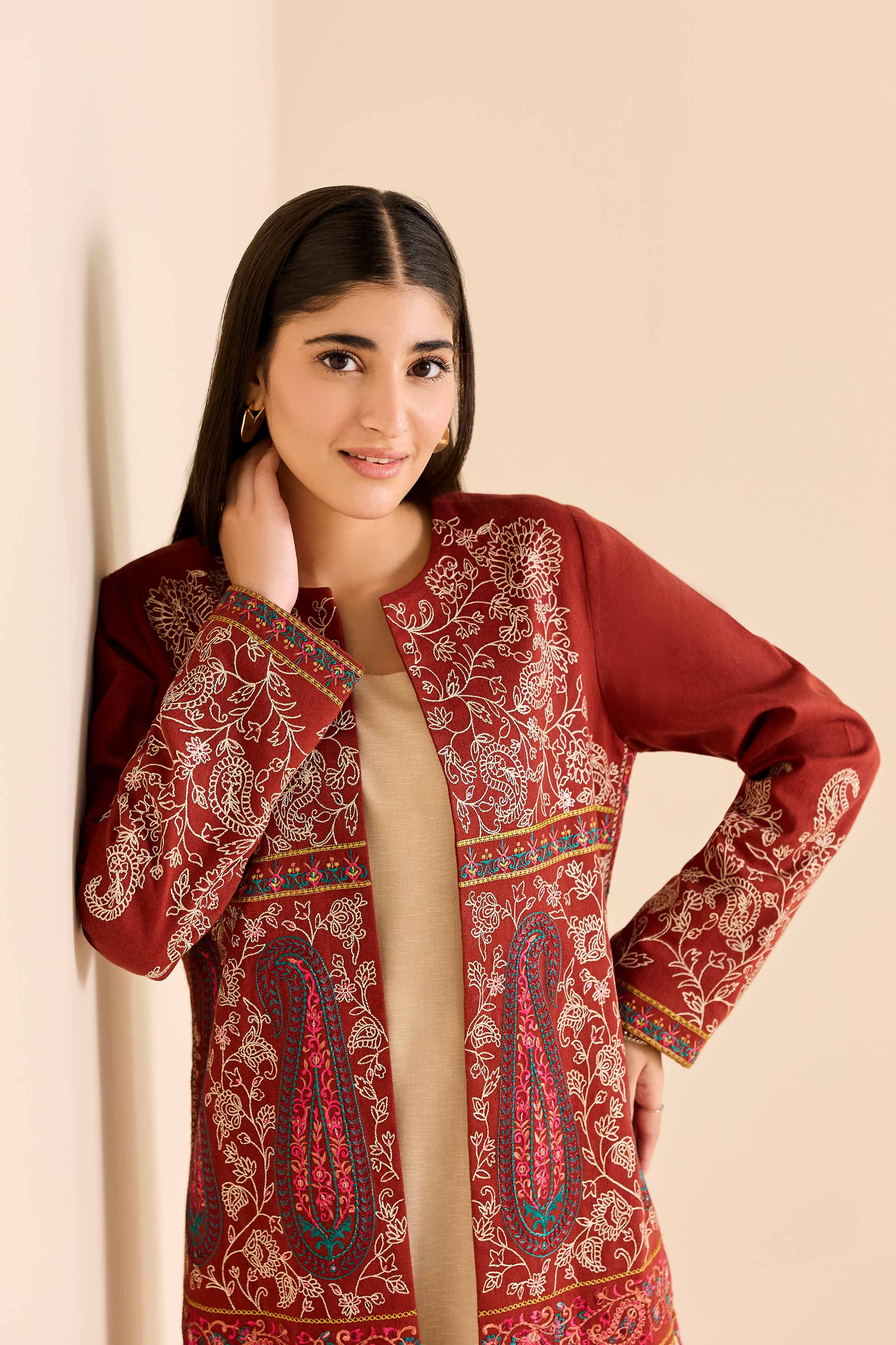 Embroidered Jacket - PW25-548 READY TO WEAR Orange Karandi 1PC Embroidered