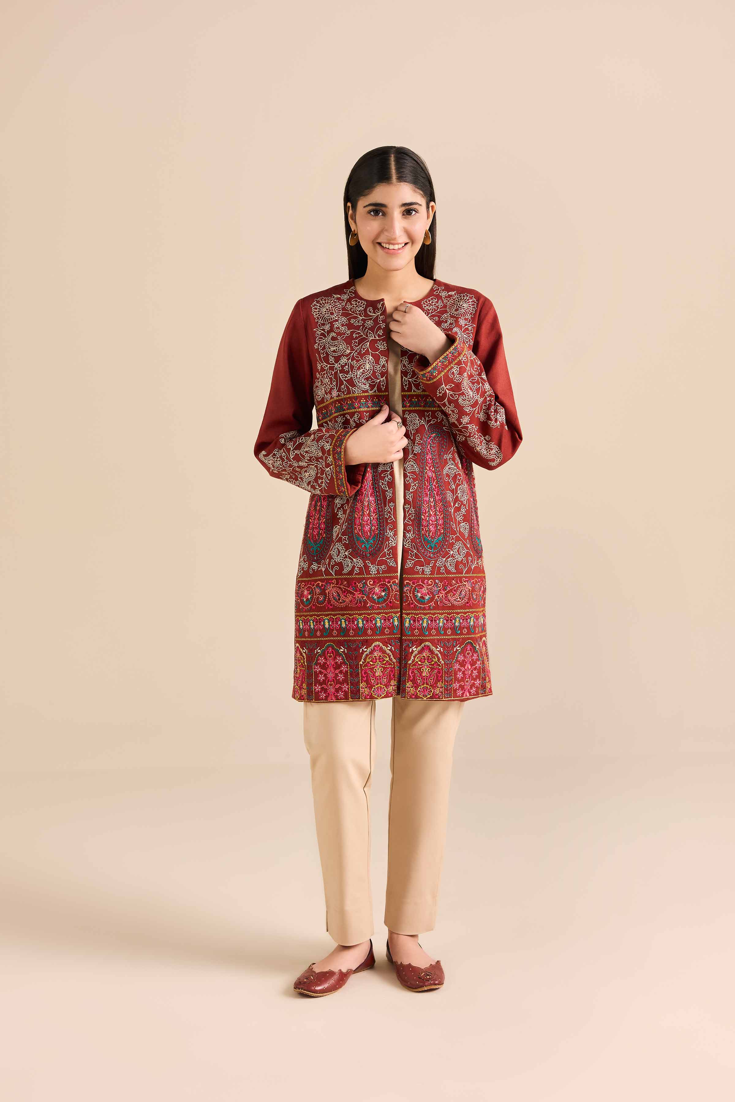 Embroidered Jacket - PW25-548 READY TO WEAR Orange Karandi 1PC Embroidered