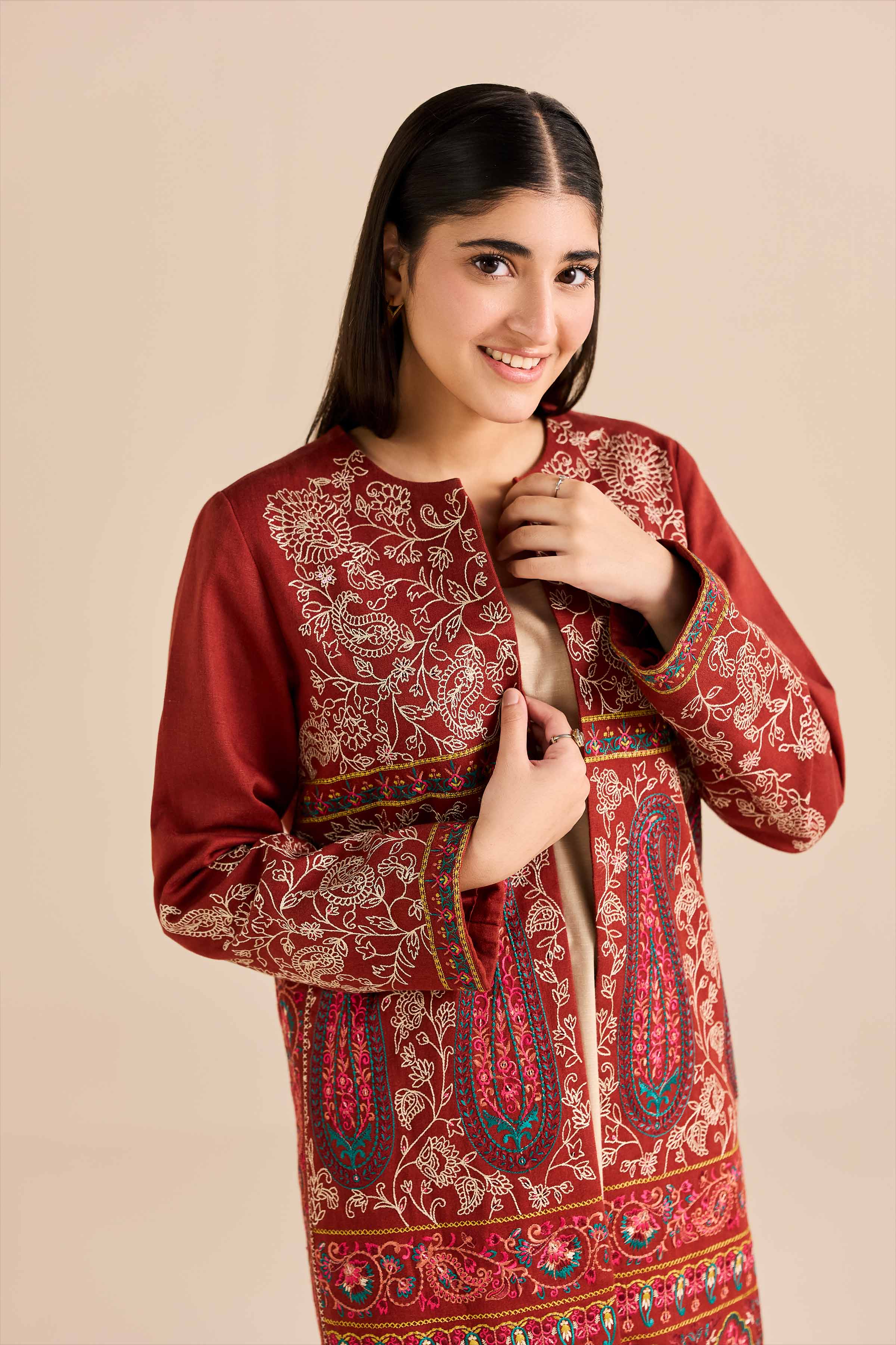 Embroidered Jacket - PW25-548 READY TO WEAR Orange Karandi 1PC Embroidered