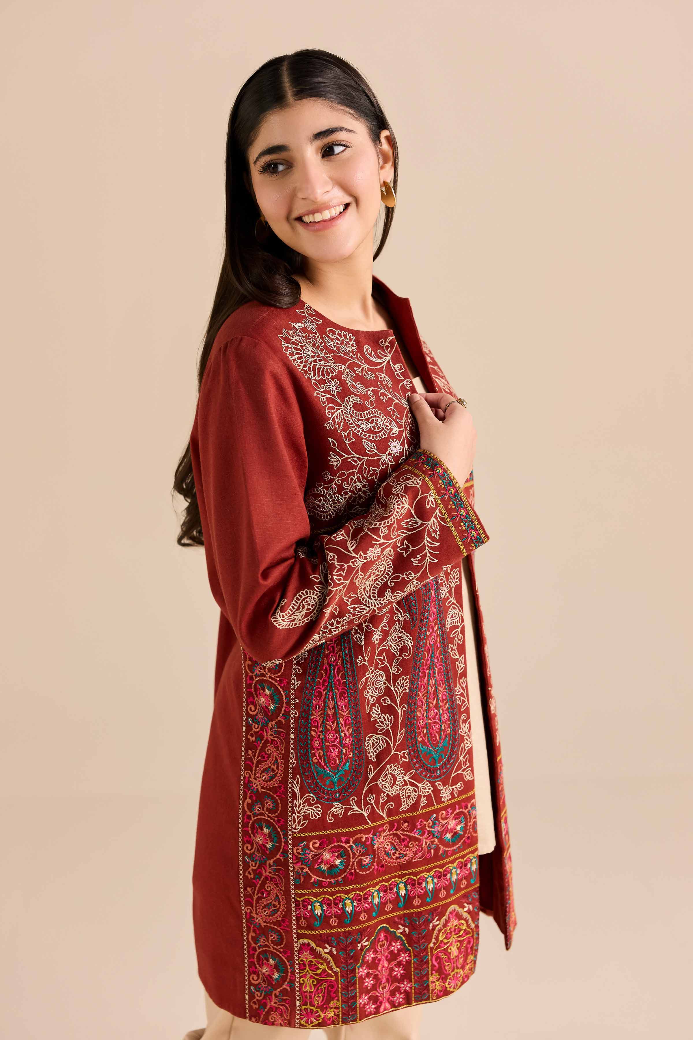 Embroidered Jacket - PW25-548 READY TO WEAR Orange Karandi 1PC Embroidered