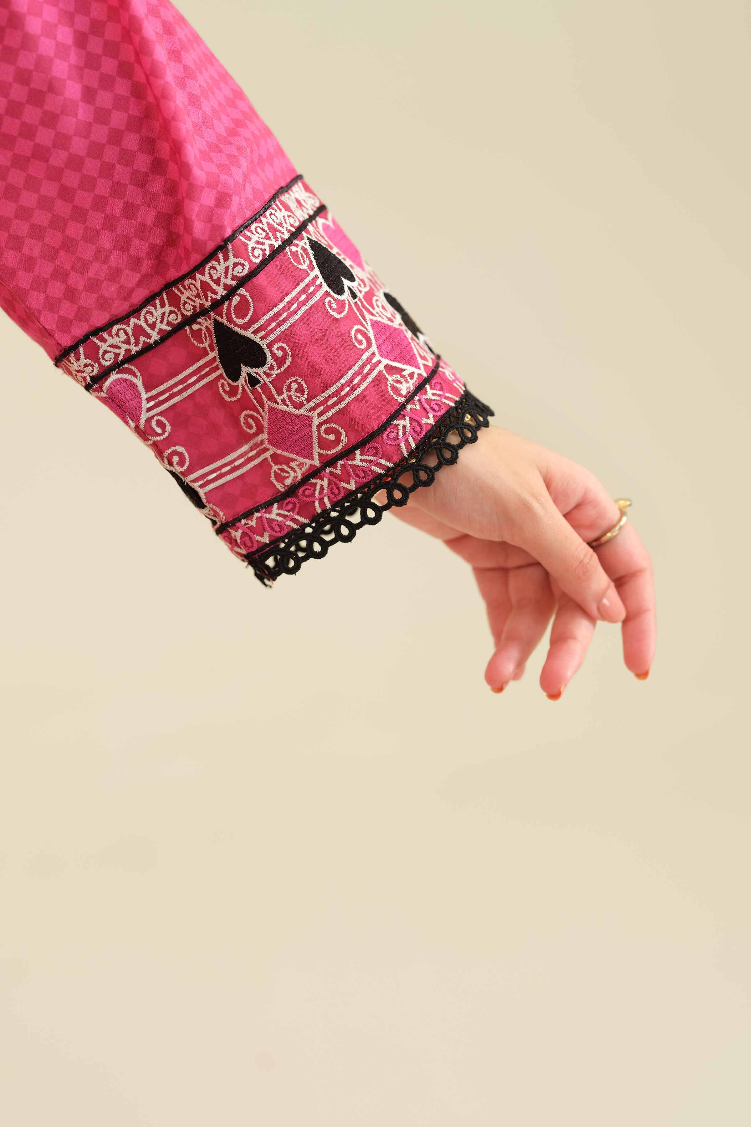 2 Piece - Printed Embroidered Suit - PW25-56 READY TO WEAR Pink Cambric 2PC Embroidered