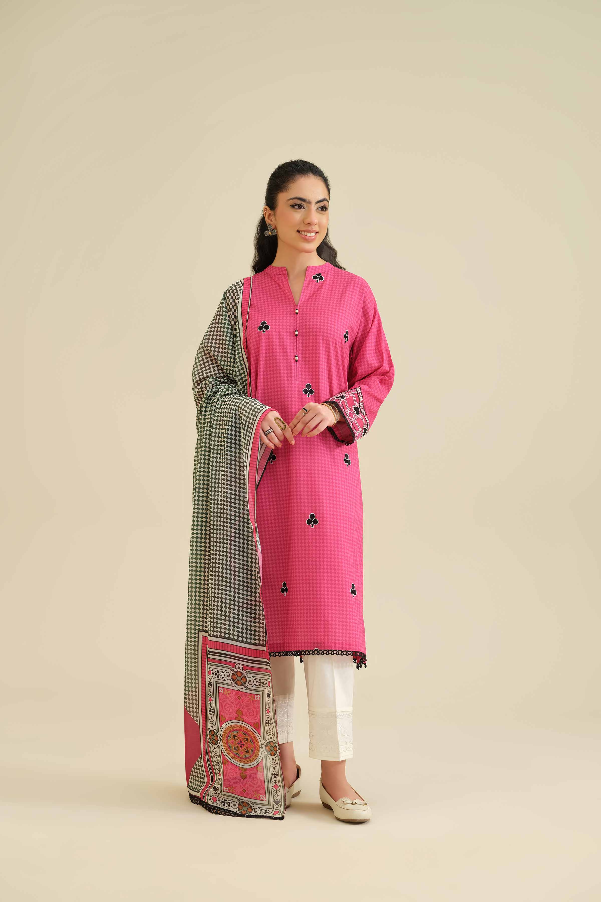 2 Piece - Printed Embroidered Suit - PW25-56 READY TO WEAR Pink Cambric 2PC Embroidered