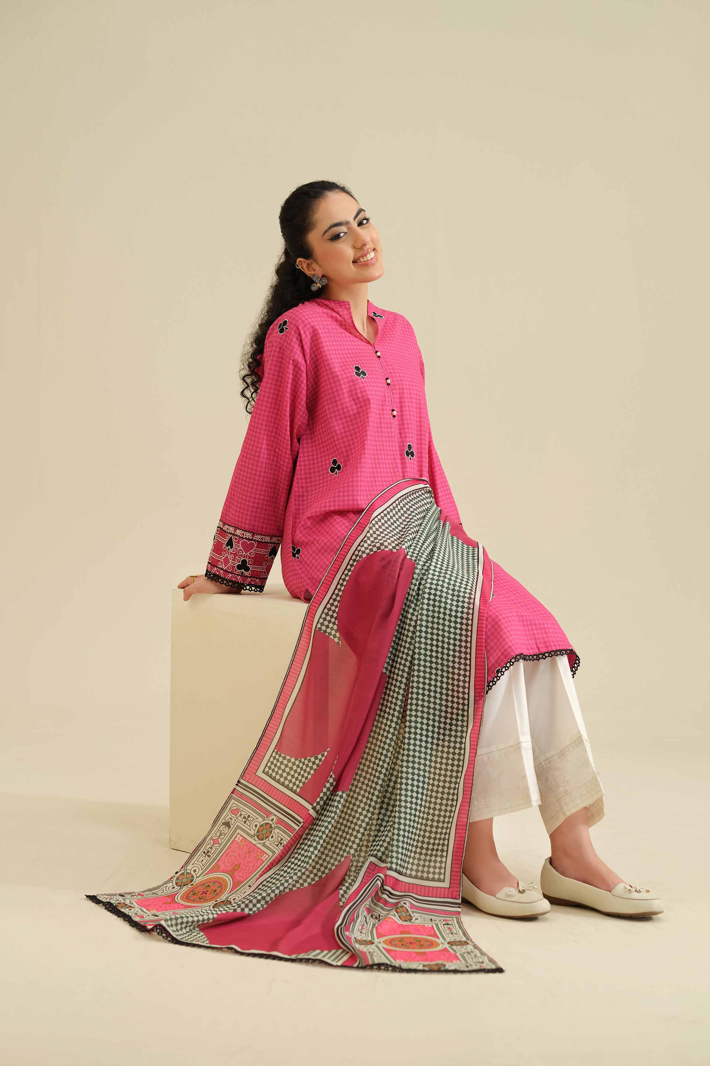 2 Piece - Printed Embroidered Suit - PW25-56 READY TO WEAR Pink Cambric 2PC Embroidered