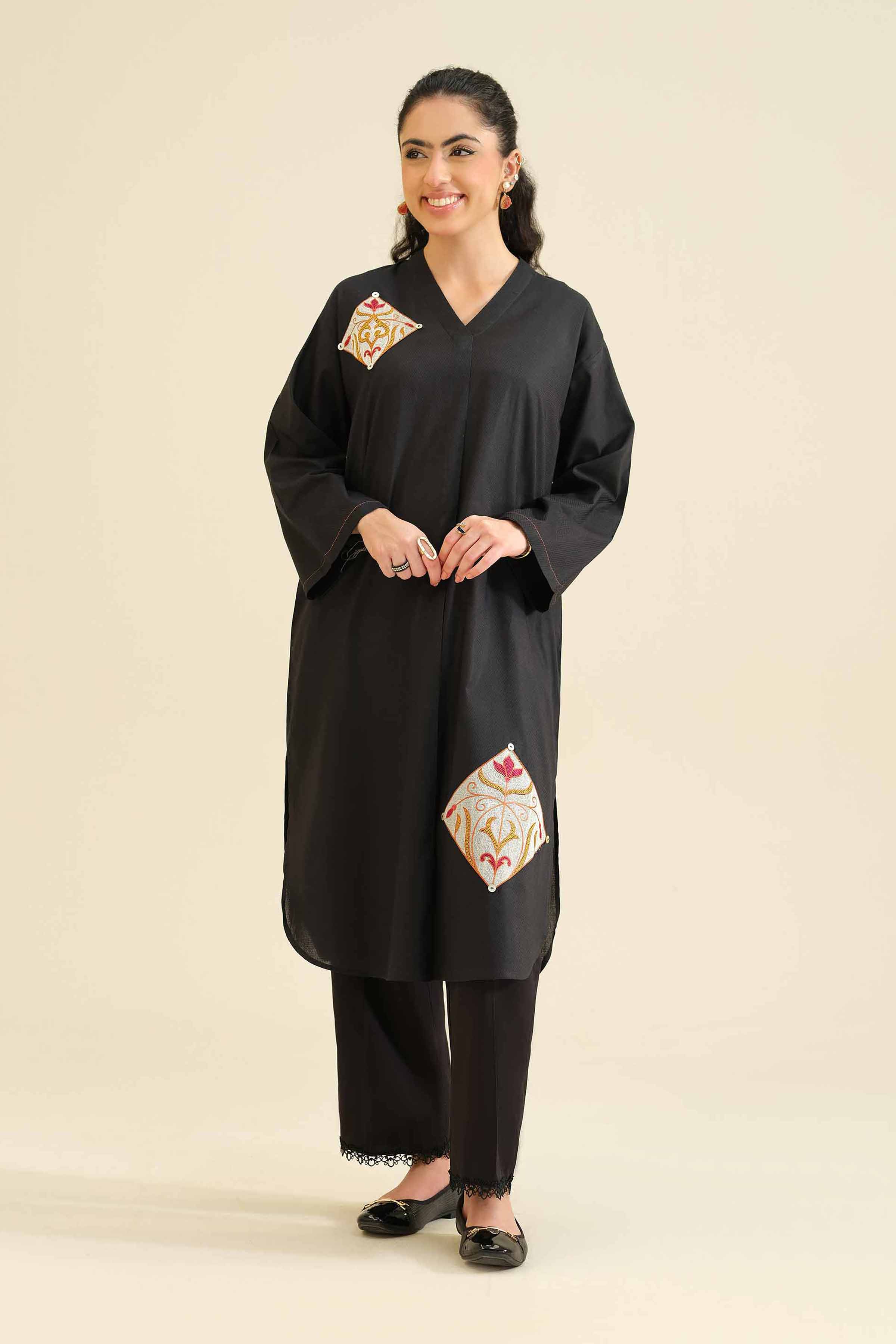 Embroidered Shirt - PW25-564 READY TO WEAR Black Cambric 1 Piece Embroidered