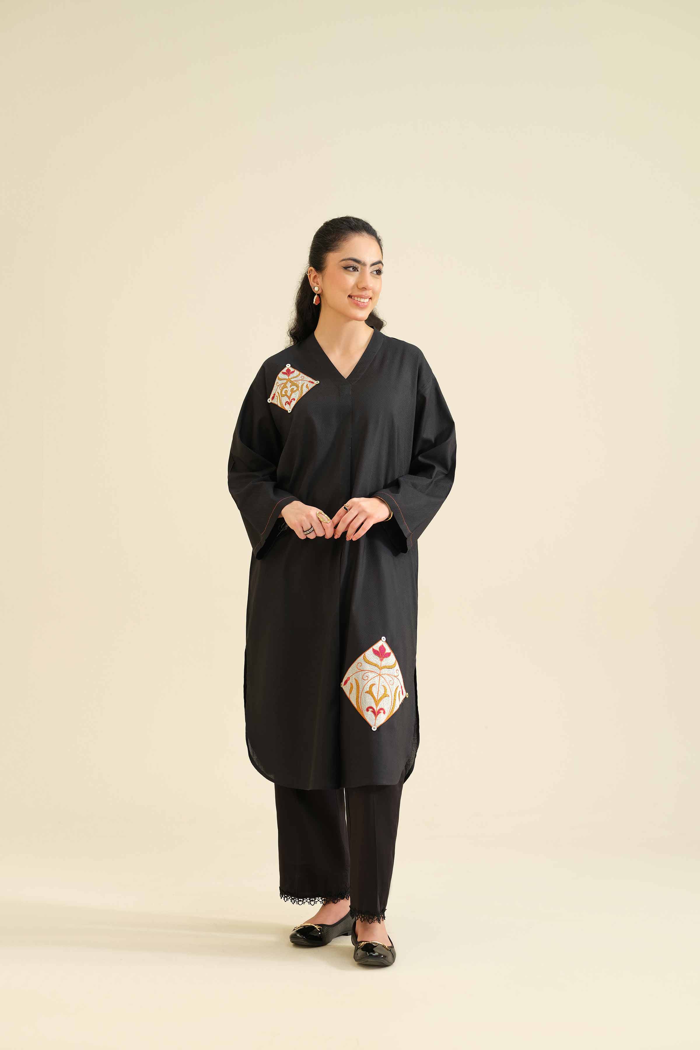 Embroidered Shirt - PW25-564 READY TO WEAR Black Cambric 1 Piece Embroidered