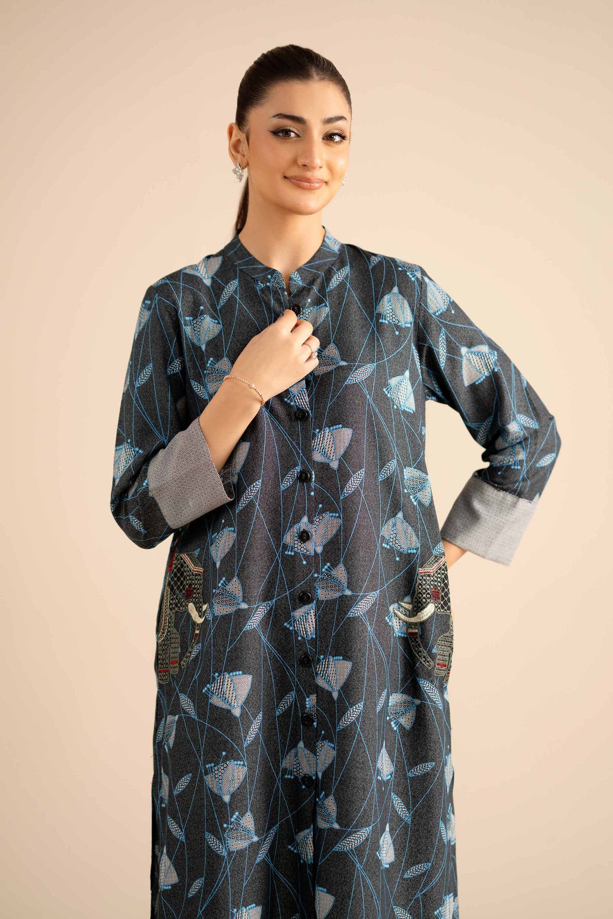 Embroidered Shirt - PW25-565 Grey Karandi 1PC Embroidered Nishat Australia