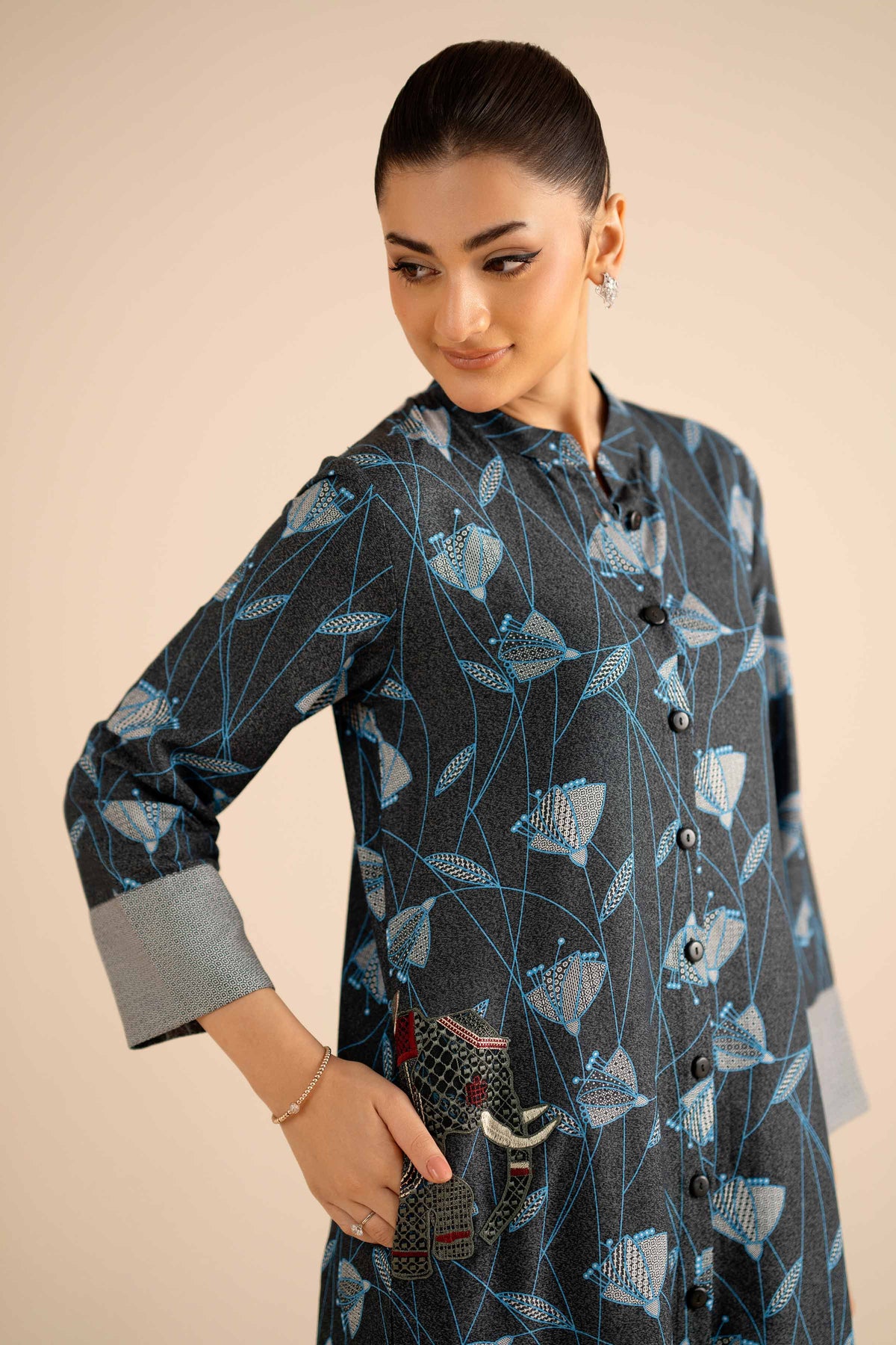 Embroidered Shirt - PW25-565 Grey Karandi 1PC Embroidered Nishat Australia
