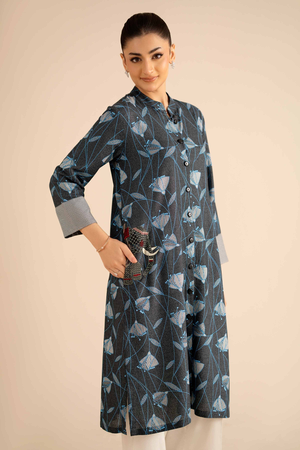 Embroidered Shirt - PW25-565 Grey Karandi 1PC Embroidered Nishat Australia