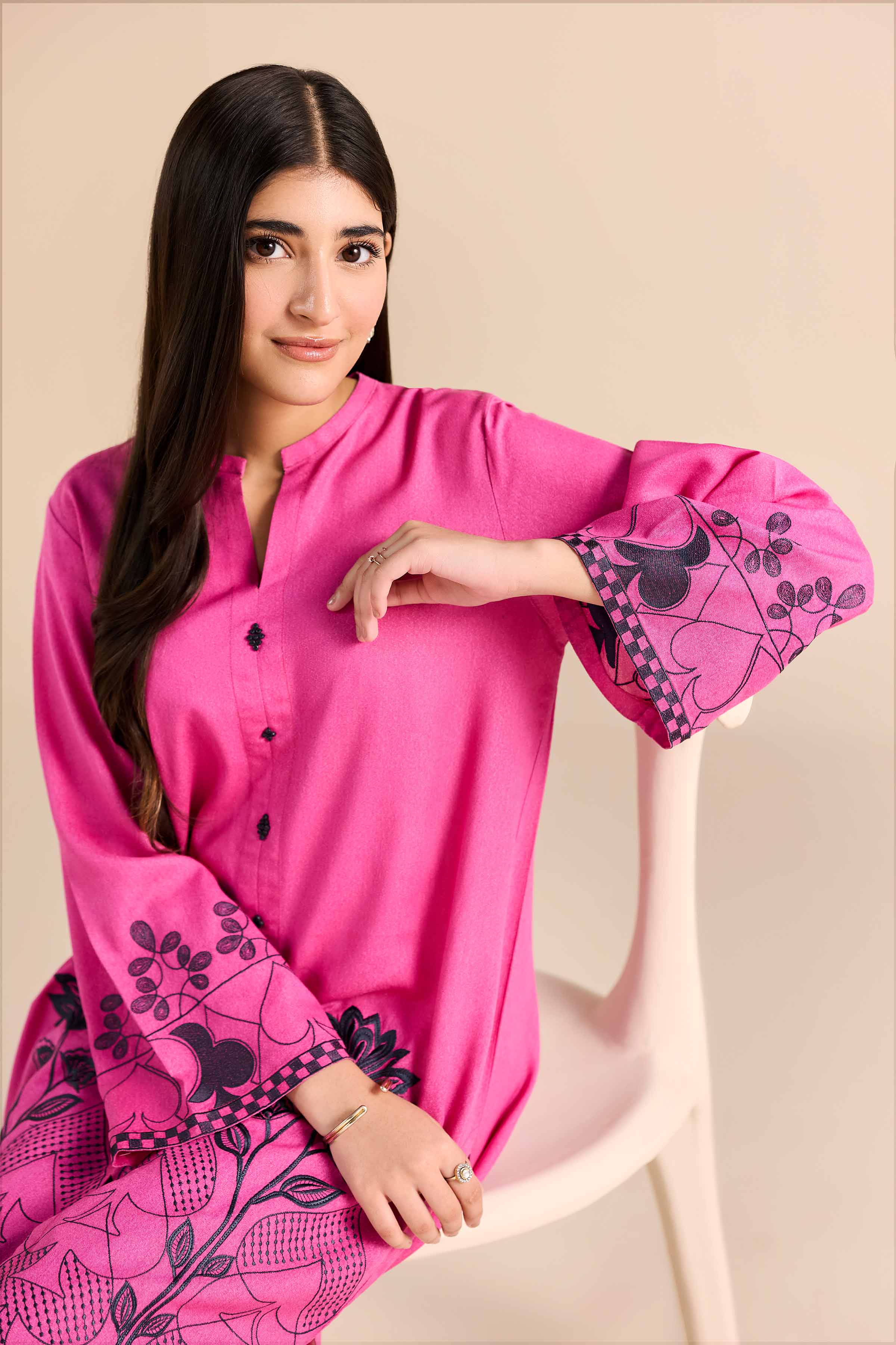 Embroidered Shirt - PW25-568 READY TO WEAR Pink Karandi 1 Piece Embroidered