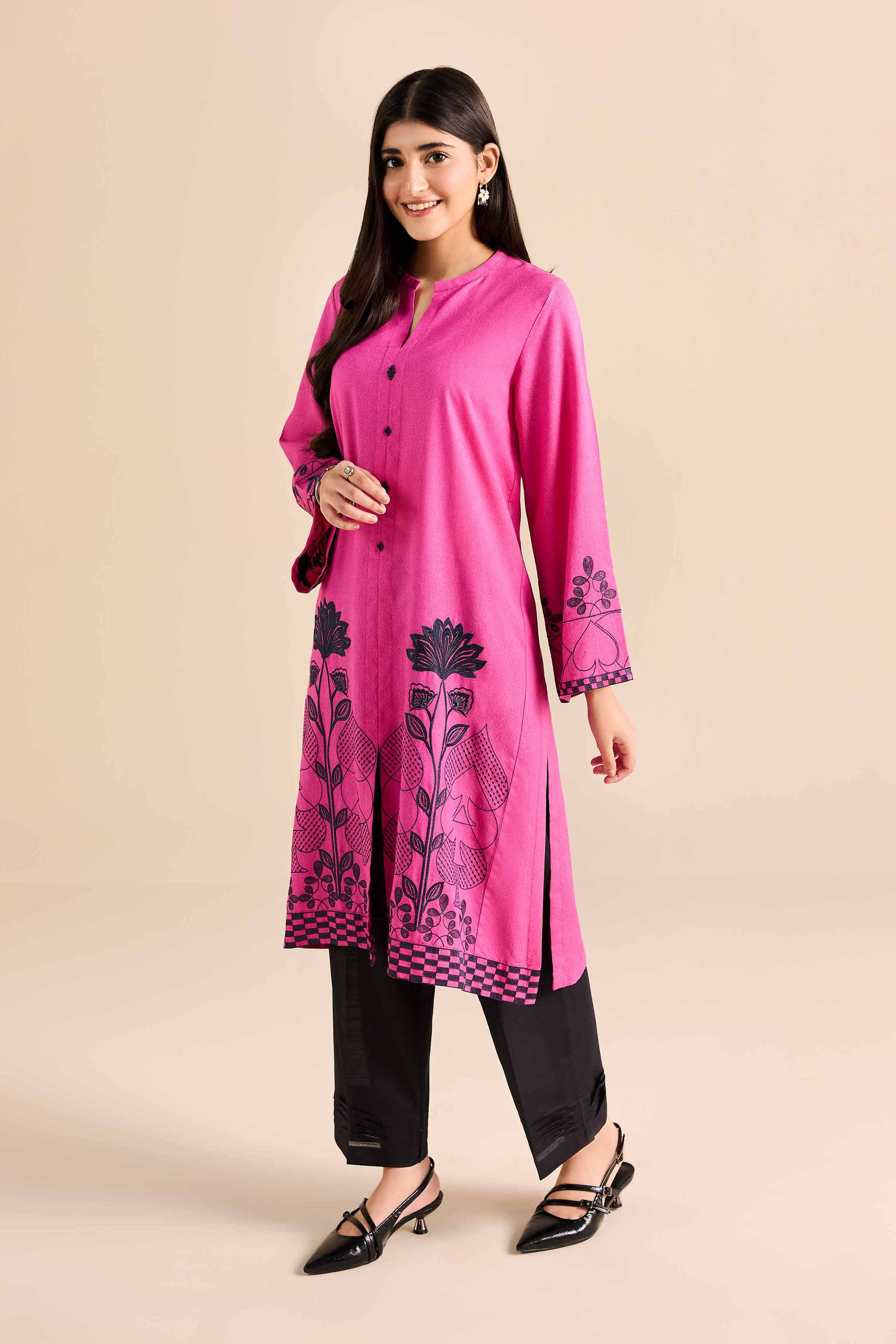 Embroidered Shirt - PW25-568 READY TO WEAR Pink Karandi 1 Piece Embroidered