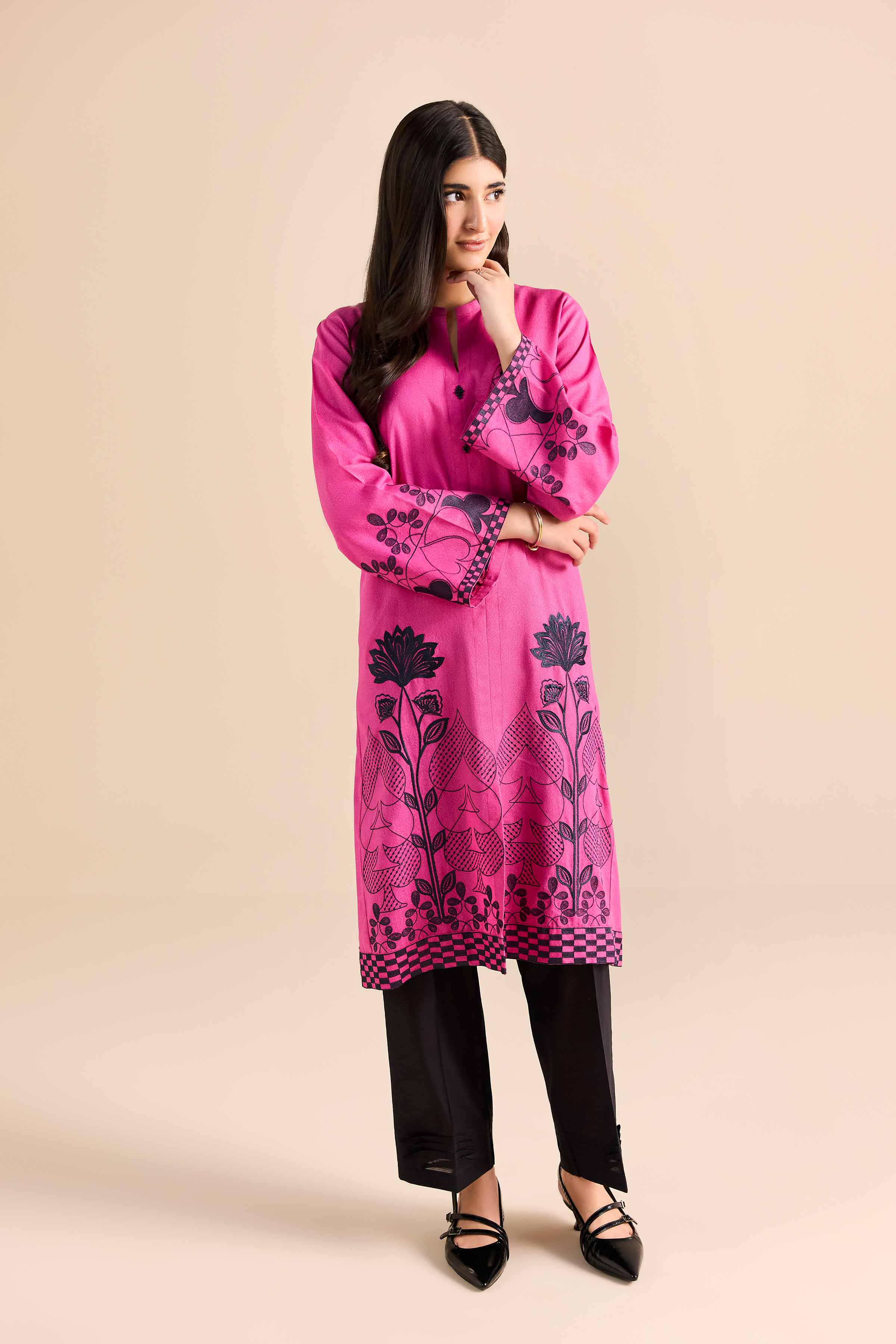 Embroidered Shirt - PW25-568 READY TO WEAR Pink Karandi 1 Piece Embroidered
