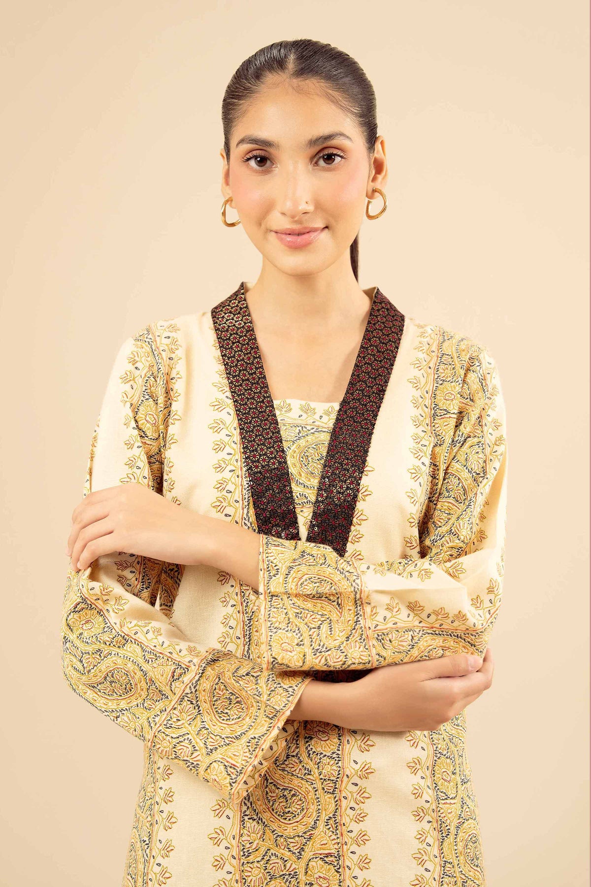 Printed Embroidered Shirt - PW25-569 Beige Karandi 1PC Embroidered Nishat Australia