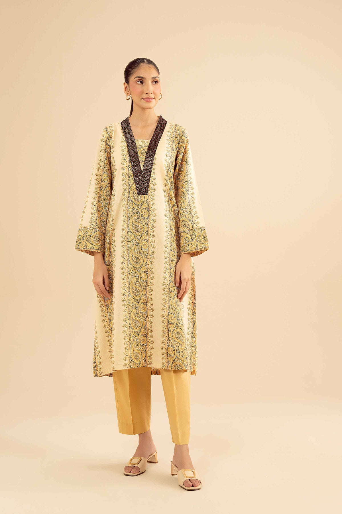 Printed Embroidered Shirt - PW25-569 Beige Karandi 1PC Embroidered Nishat Australia