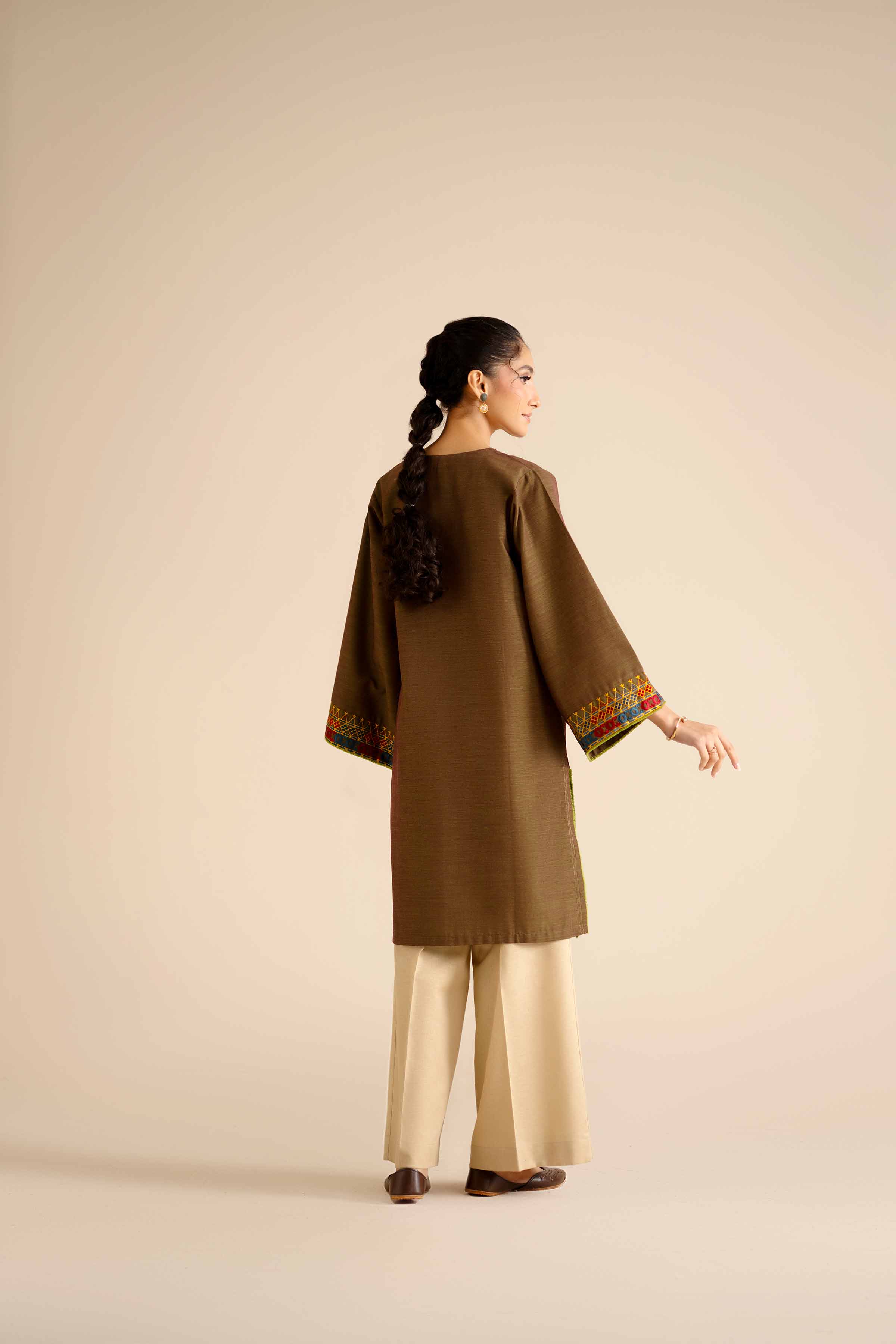 Embroidered Shirt - PW25-571 READY TO WEAR Brown Khaddar 1PC Embroidered