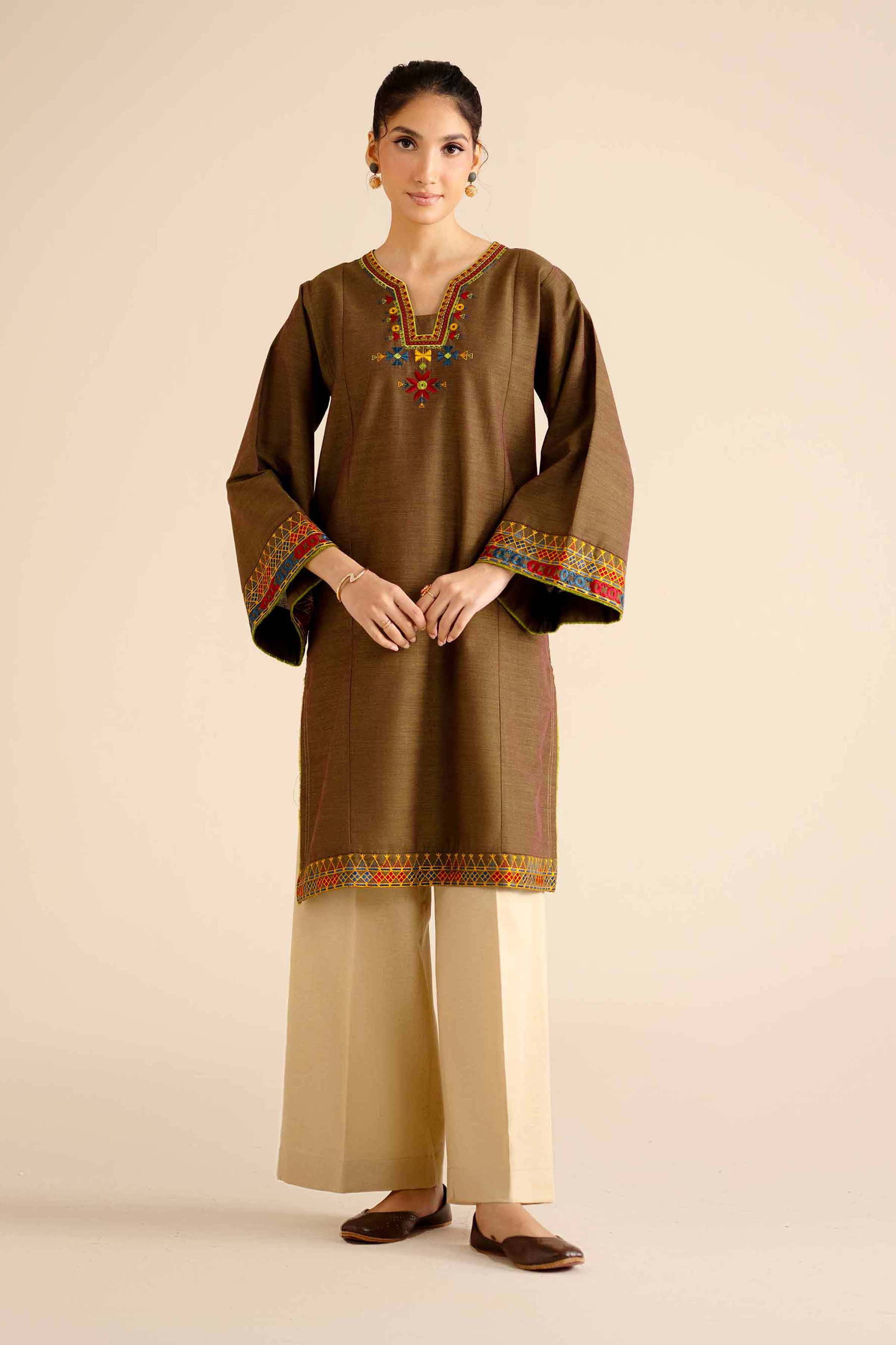 Embroidered Shirt - PW25-571 READY TO WEAR Brown Khaddar 1PC Embroidered