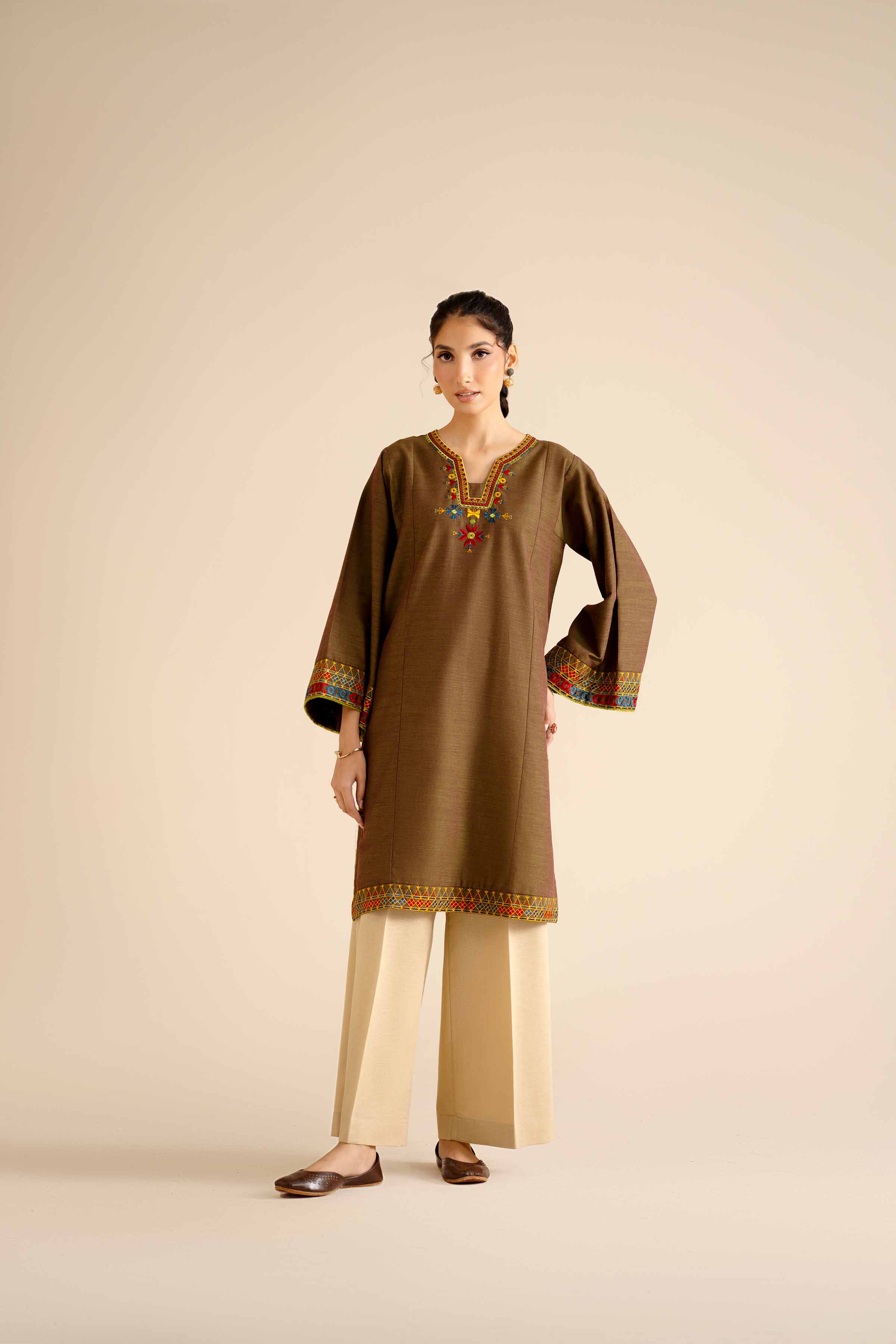 Embroidered Shirt - PW25-571 READY TO WEAR Brown Khaddar 1PC Embroidered