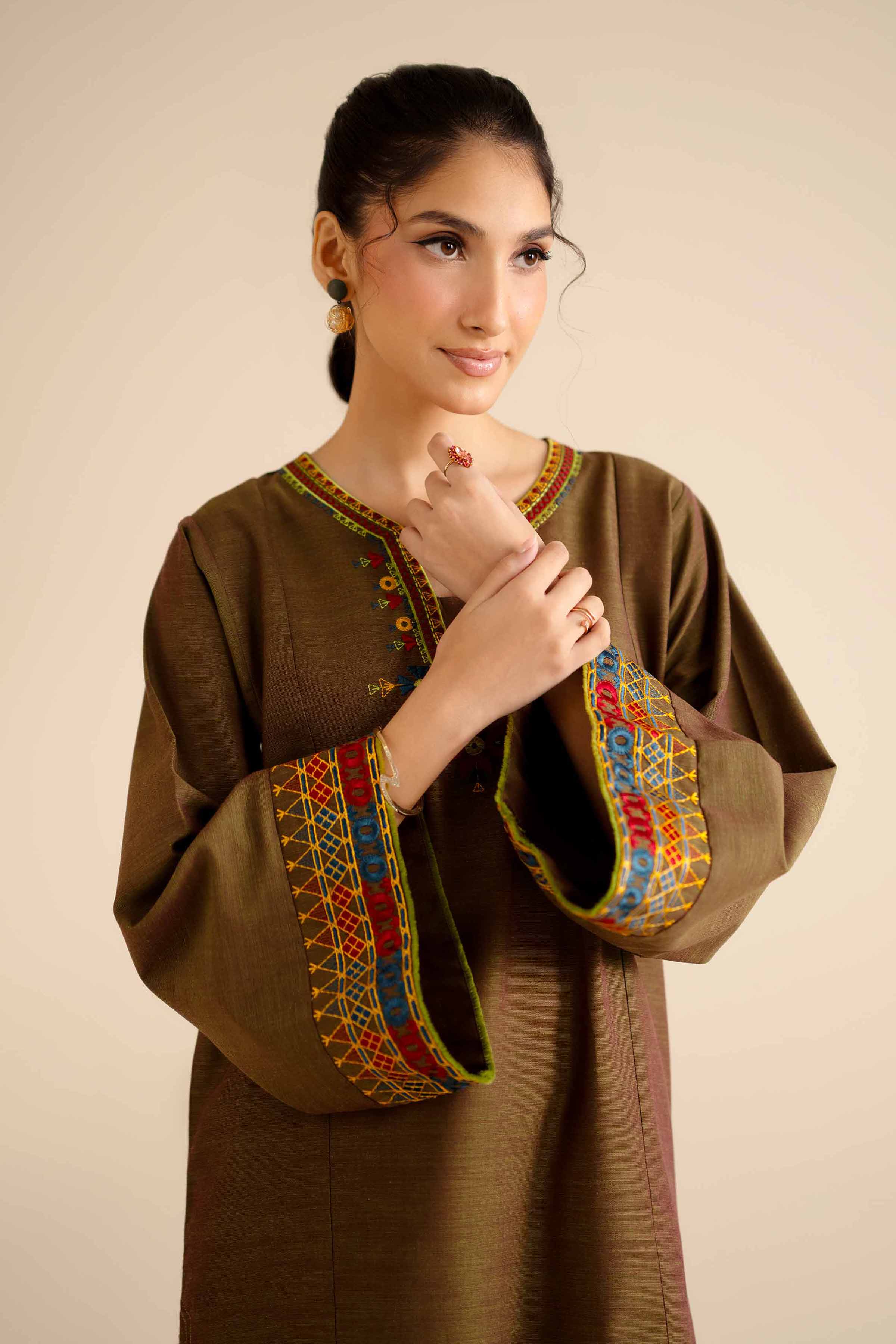 Embroidered Shirt - PW25-571 READY TO WEAR Brown Khaddar 1PC Embroidered