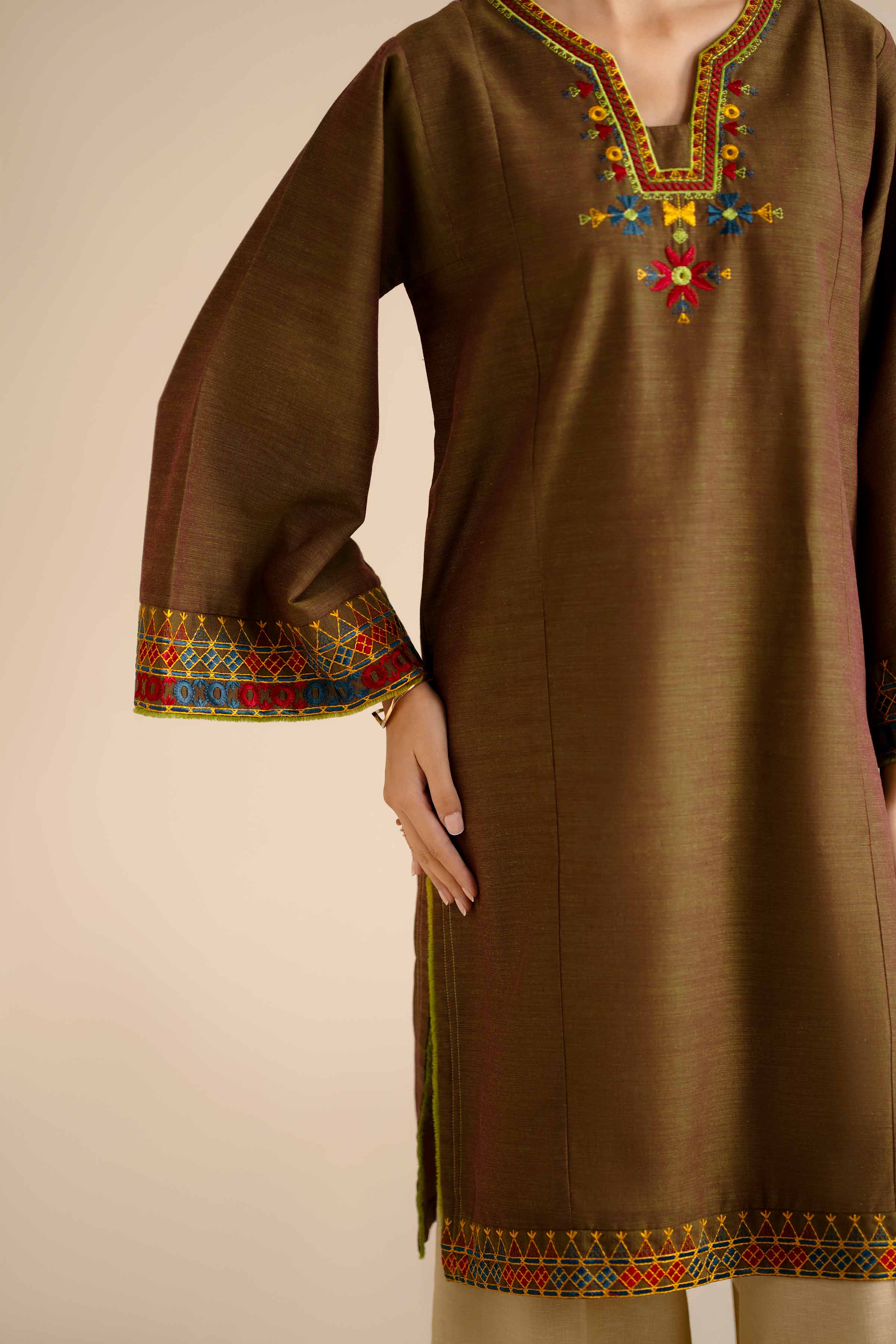 Embroidered Shirt - PW25-571 READY TO WEAR Brown Khaddar 1PC Embroidered