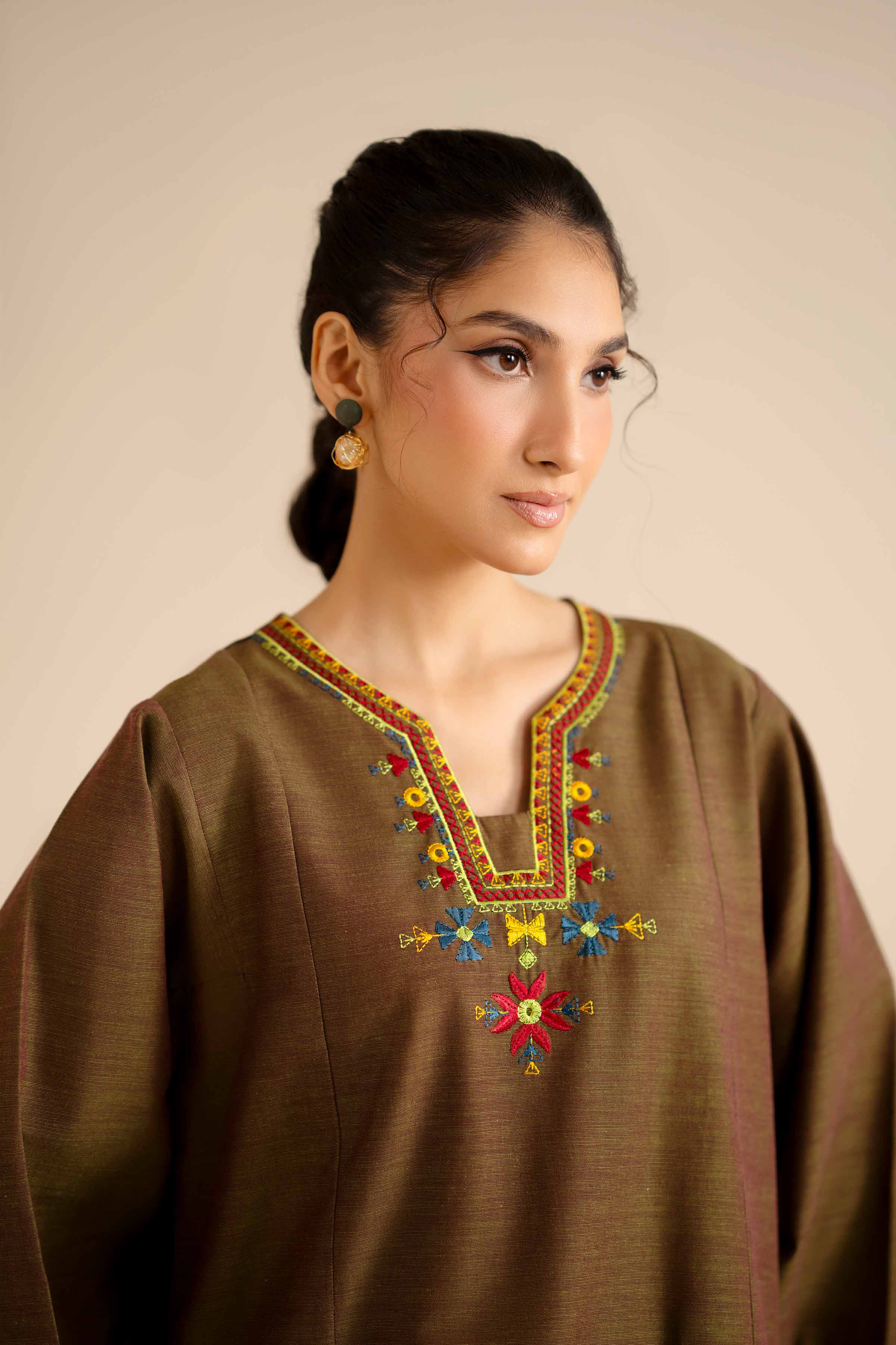 Embroidered Shirt - PW25-571 READY TO WEAR Brown Khaddar 1PC Embroidered