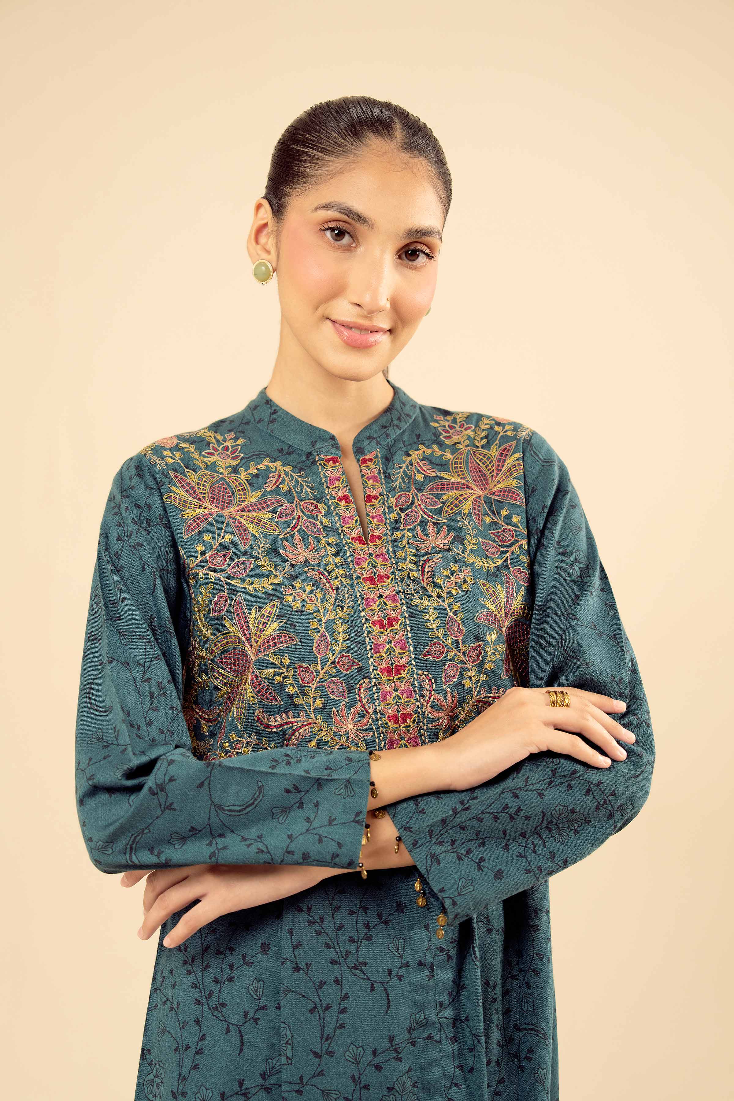 Printed Embroidered Shirt - PW25-579 READY TO WEAR Green Karandi 1PC Embroidered