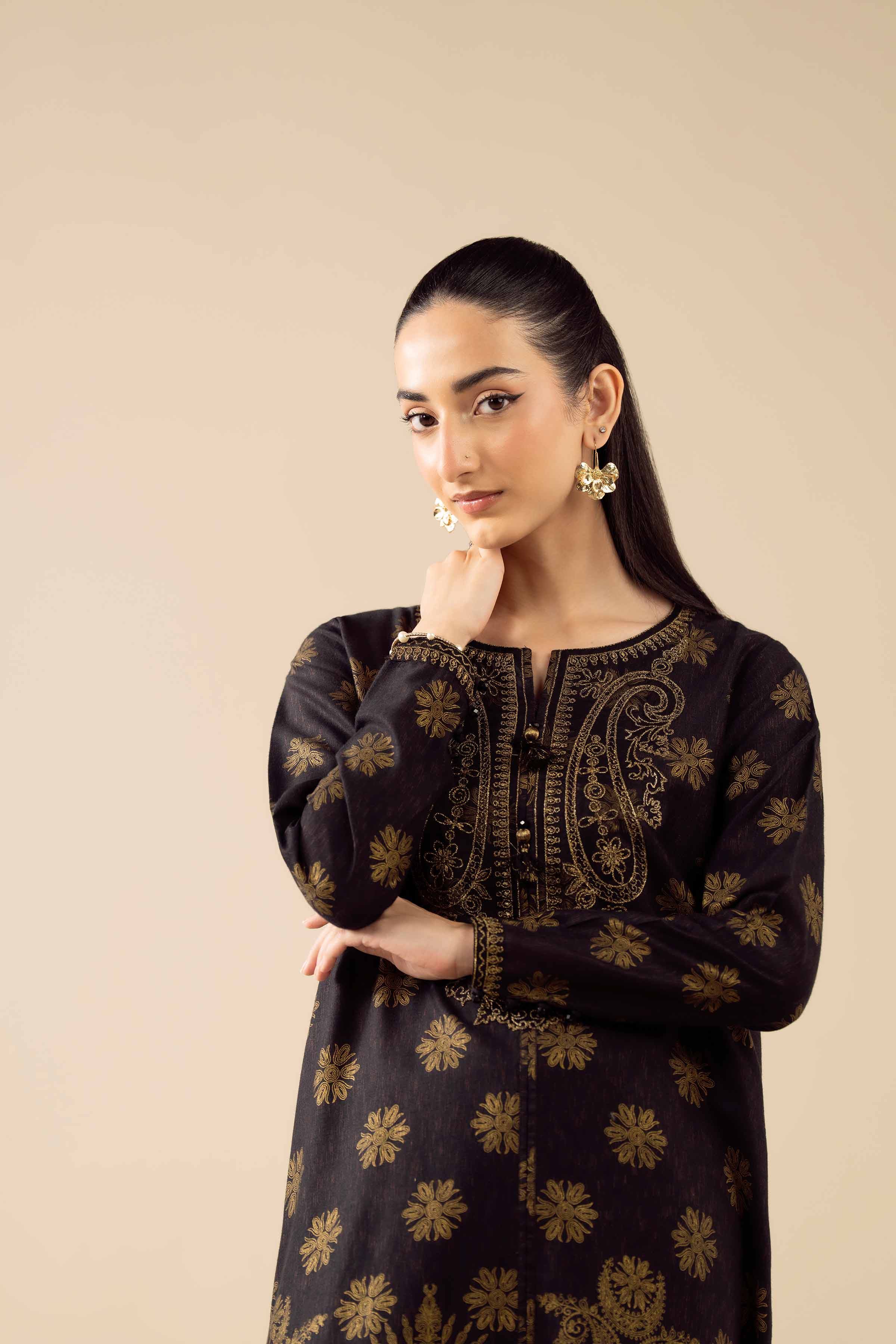 Embroidered Shirt - PW25-580 READY TO WEAR Black Karandi 1PC Embroidered