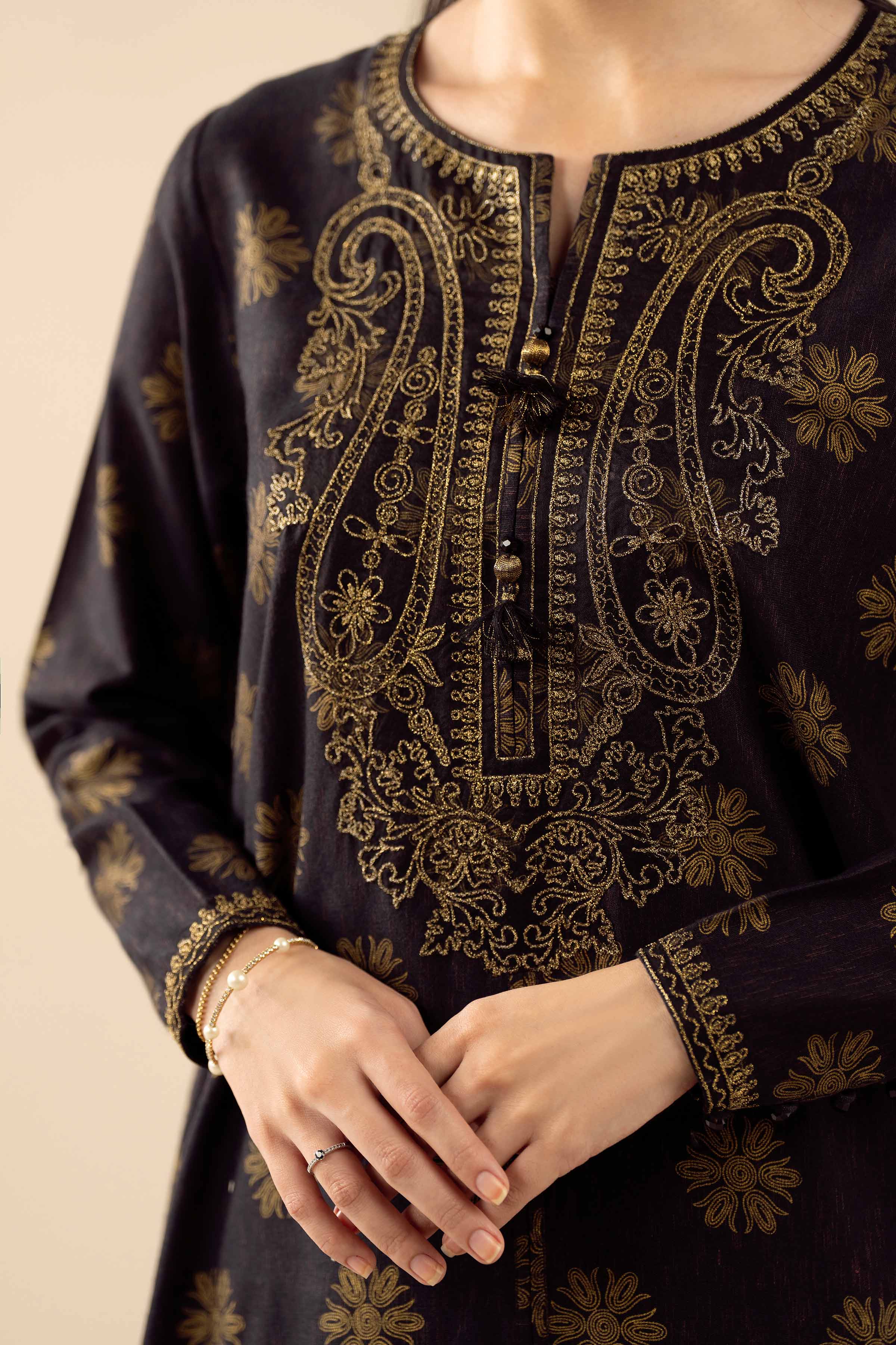 Embroidered Shirt - PW25-580 READY TO WEAR Black Karandi 1PC Embroidered