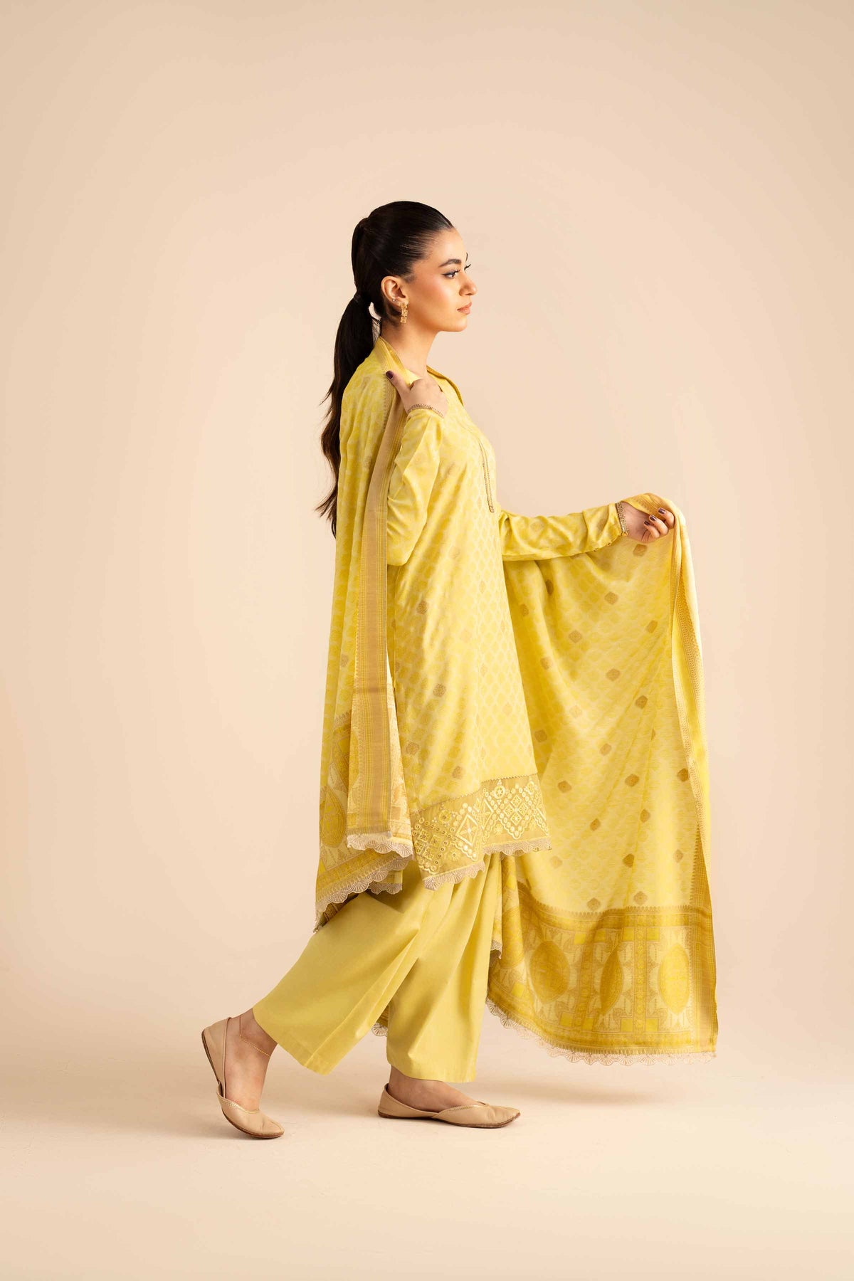 3 Piece - Basic Suit - PW25-593 Yellow Jacquard 3PC Solids Nishat Australia